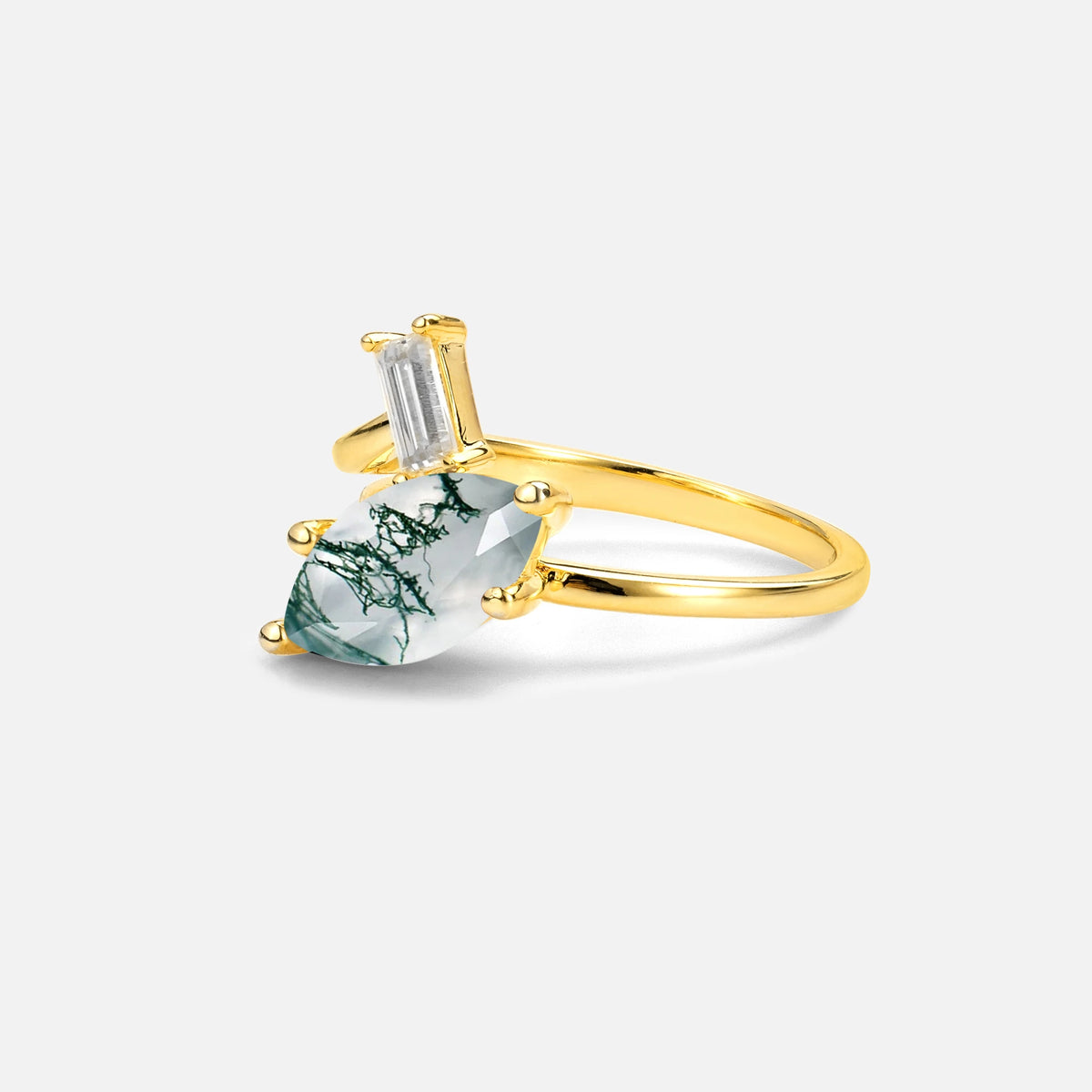 Marquise Cut Moss Agate Engagement Ring with Baguette Side Stone - Additional view