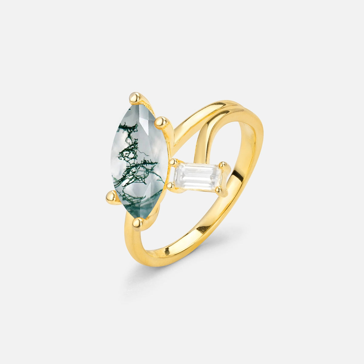 Marquise Cut Moss Agate Engagement Ring with Baguette Side Stone - Additional view