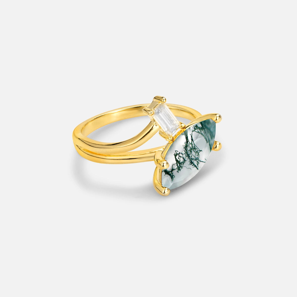 Marquise Cut Moss Agate Engagement Ring with Baguette Side Stone - Additional view