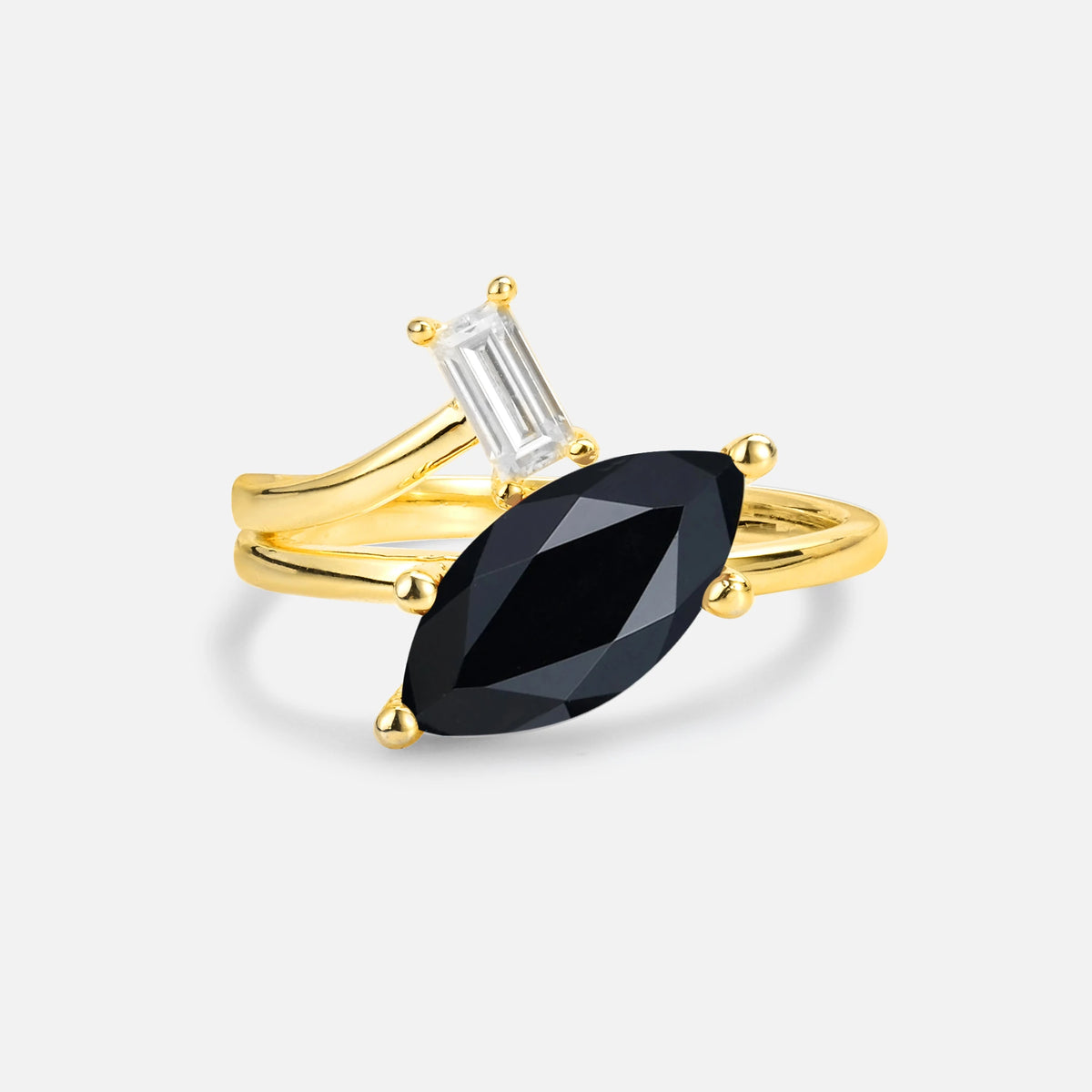 Marquise Cut Black Onyx Engagement Ring with Baguette Side Stone - Additional view