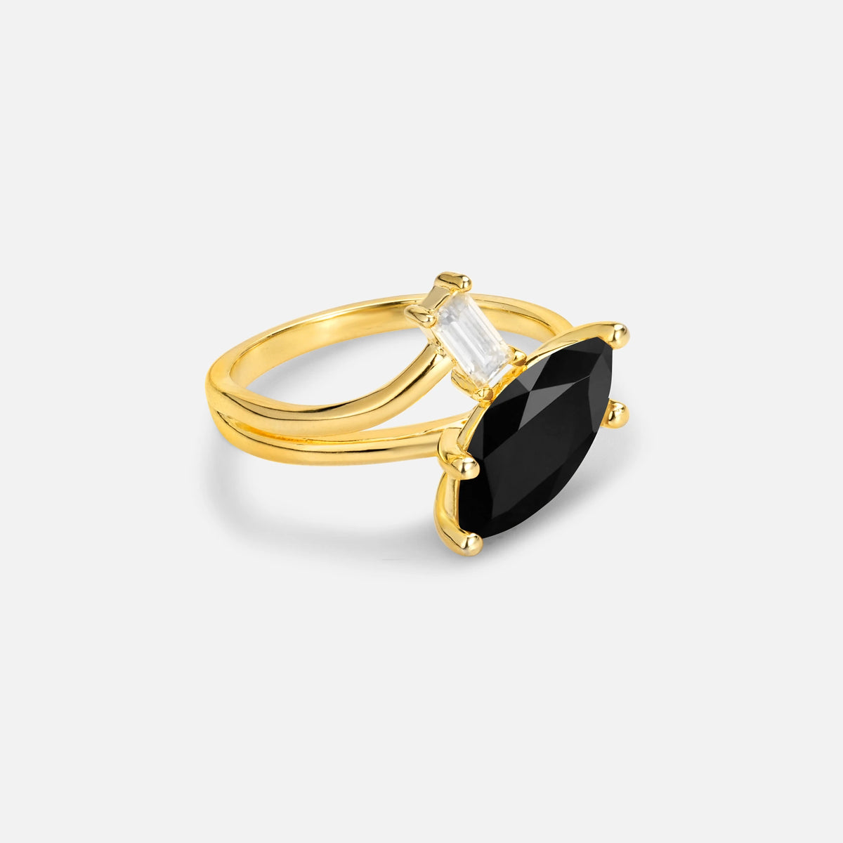 Marquise Cut Black Onyx Engagement Ring with Baguette Side Stone - Additional view