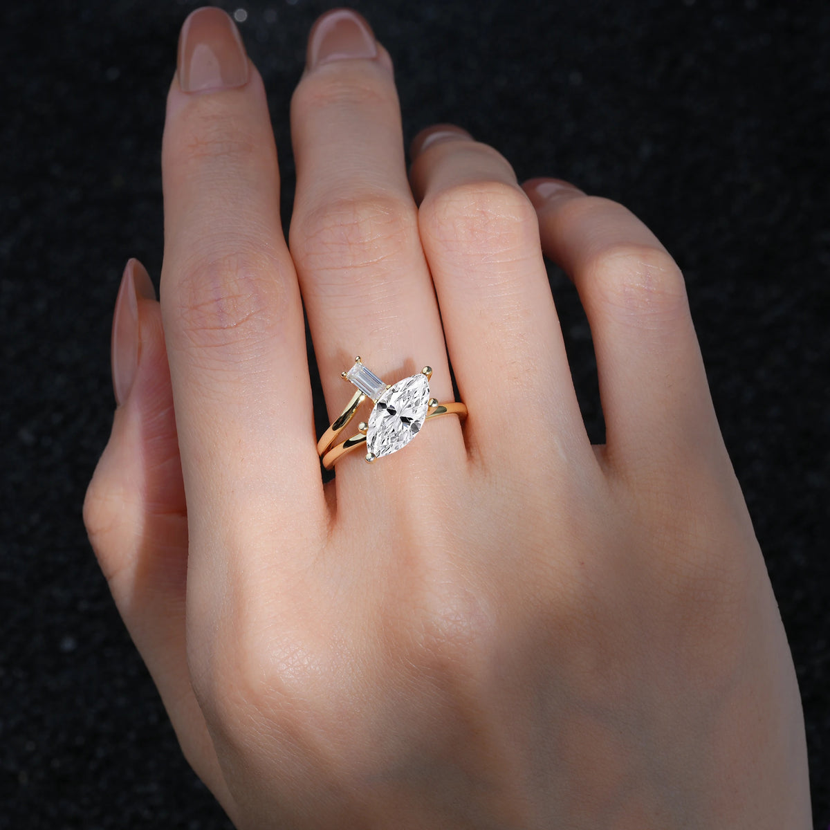 Marquise Cut Lab Diamond Engagement Ring with Baguette Side Stone - Additional view