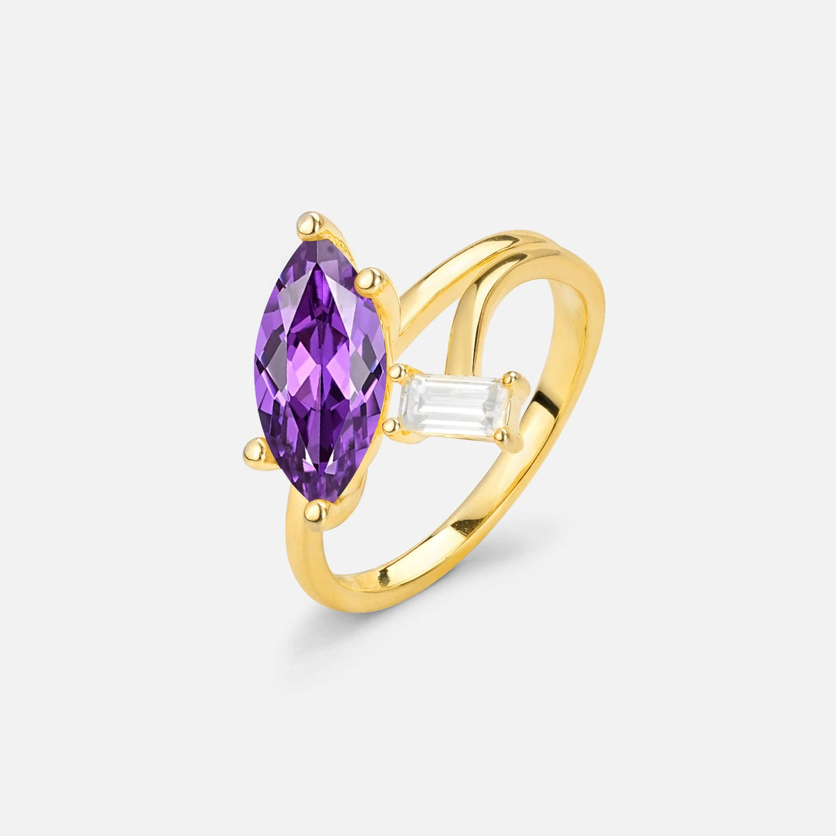 Marquise Cut Amethyst Engagement Ring with Baguette Side Stone - Additional view