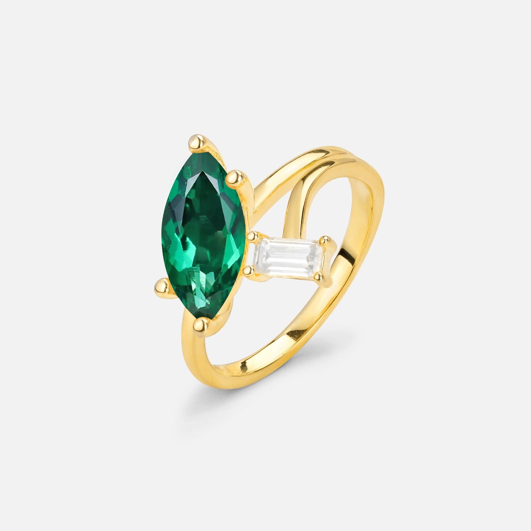Marquise Cut Emerald Engagement Ring with Baguette Side Stone - Additional view