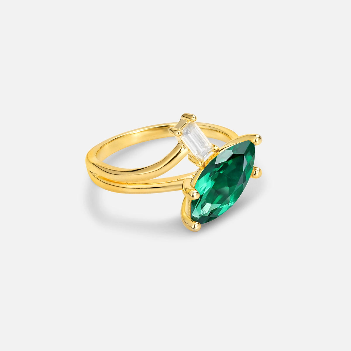 Marquise Cut Emerald Engagement Ring with Baguette Side Stone - Additional view