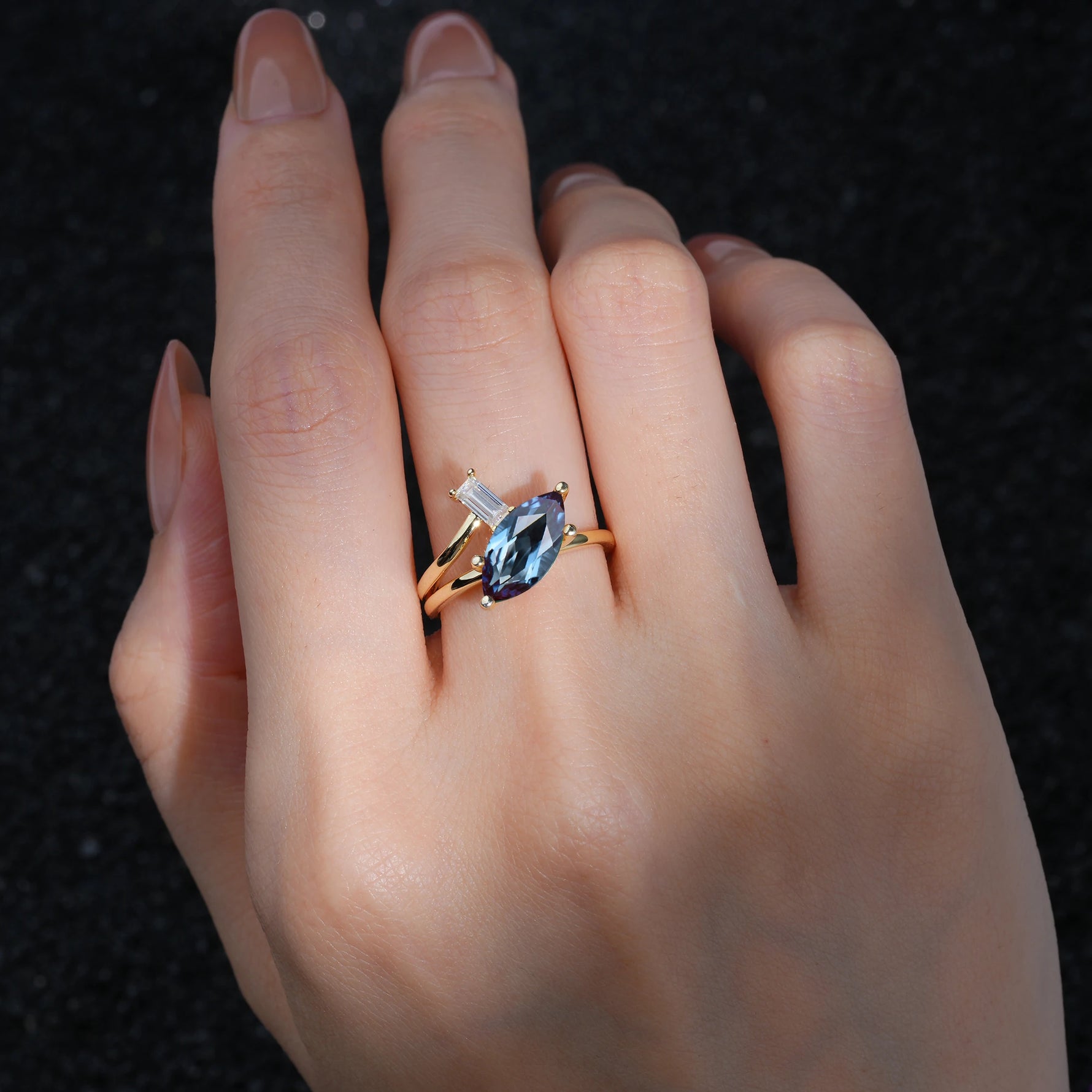 Marquise Cut Alexandrite Engagement Ring with Baguette Side Stone - Additional view