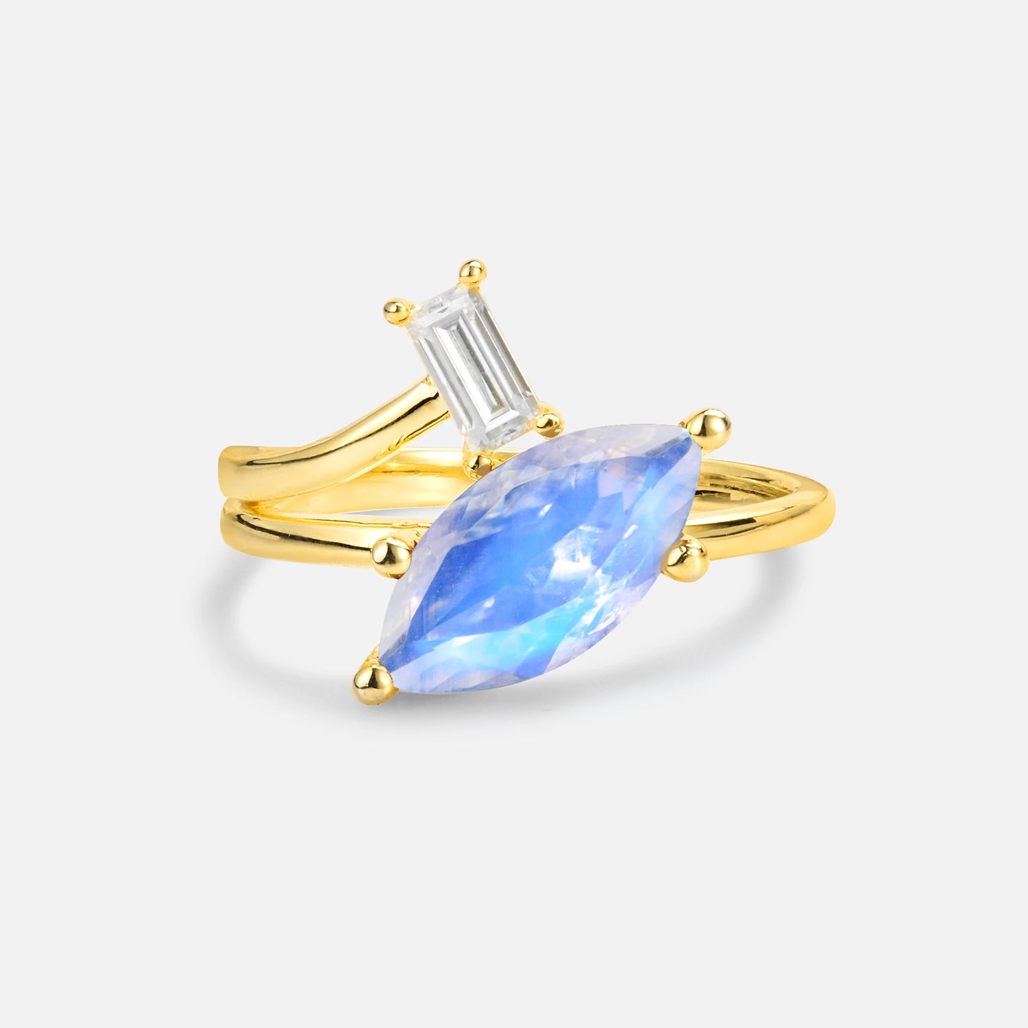 Marquise Cut Moonstone Engagement Ring with Baguette Side Stone - Additional view