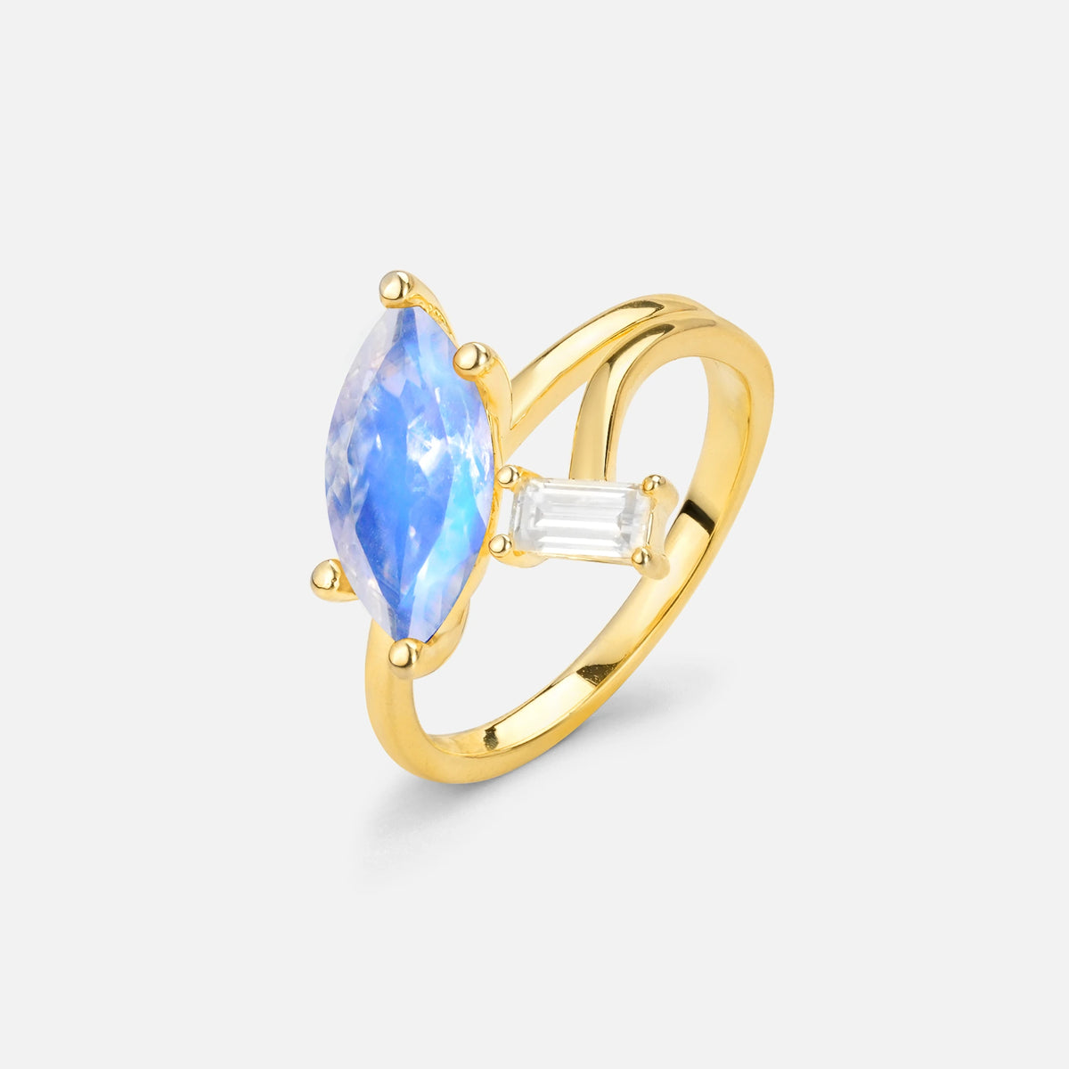 Marquise Cut Moonstone Engagement Ring with Baguette Side Stone - Additional view