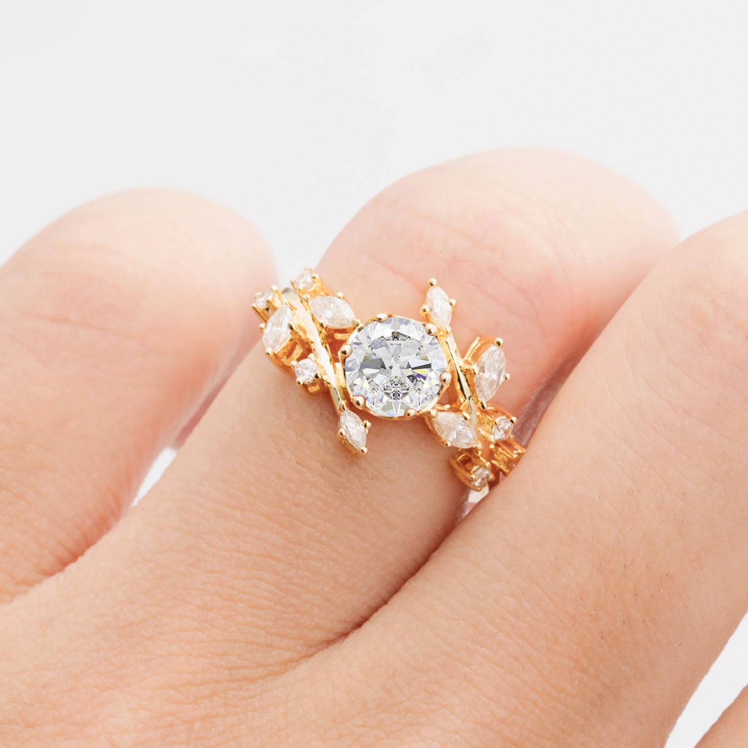 Nature Inspired Leaf Moissanite Engagement Ring Twisted Vine Wedding Band