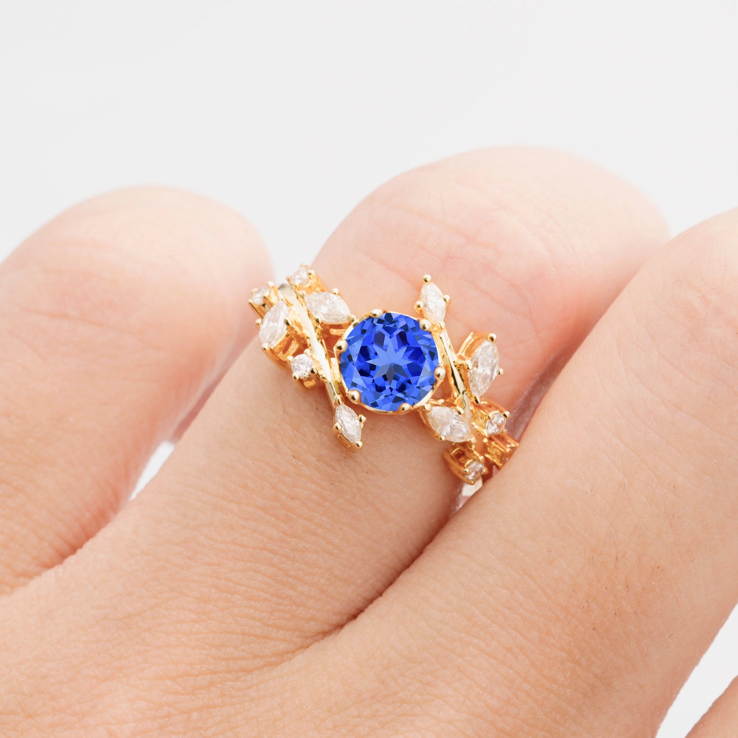 Nature Inspired Leaf Sapphire Engagement Ring Twisted Vine Wedding Band