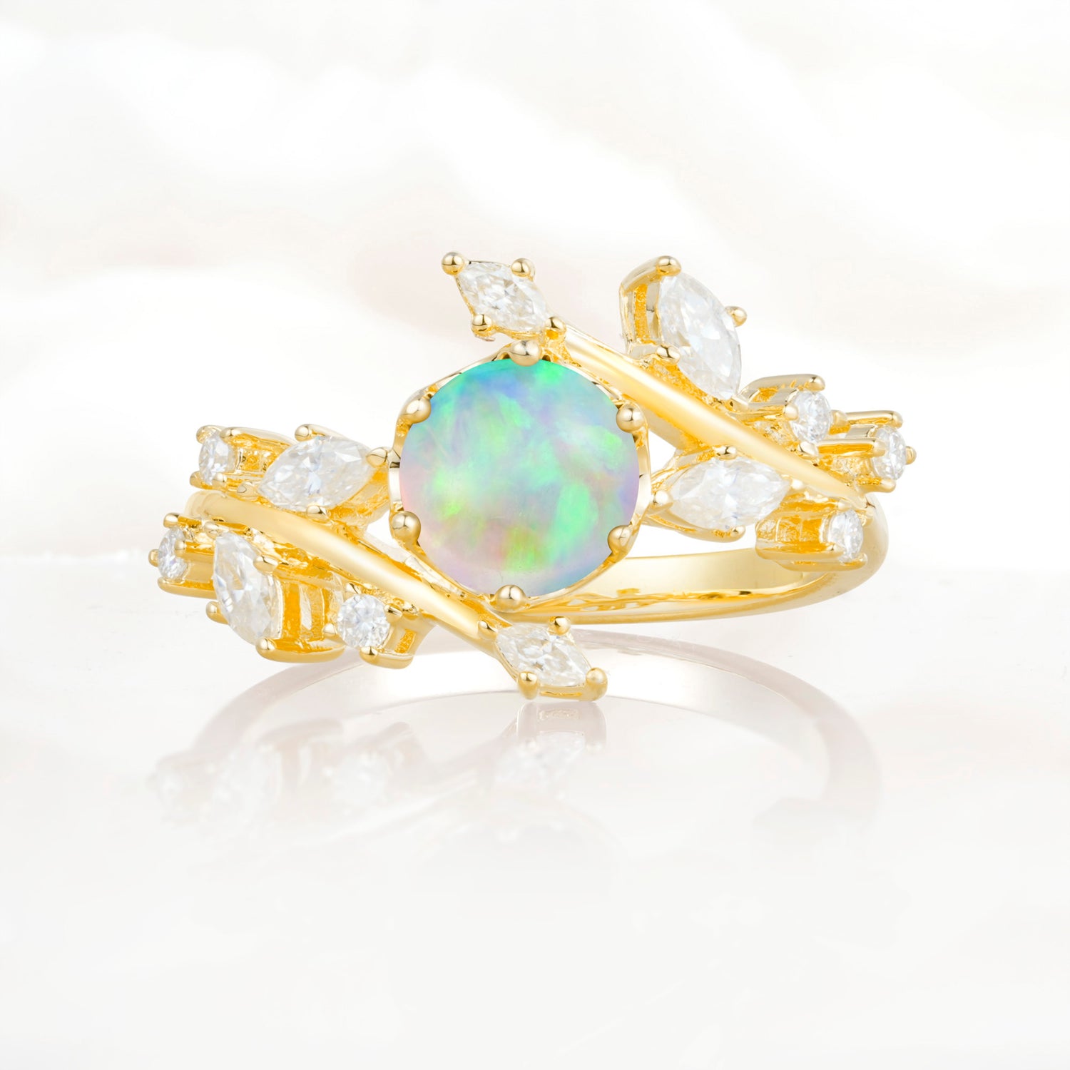 Nature Inspired Leaf Opal Engagement Ring Twisted Vine Wedding Band
