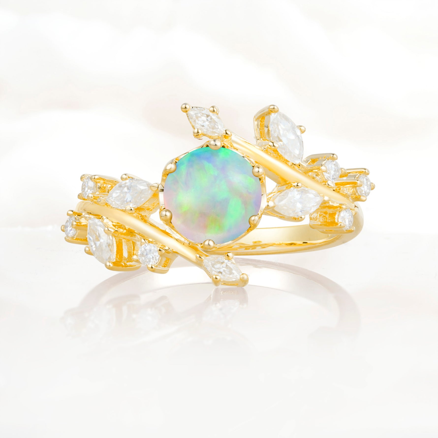 Nature Inspired Leaf Opal Engagement Ring Twisted Vine Wedding Band