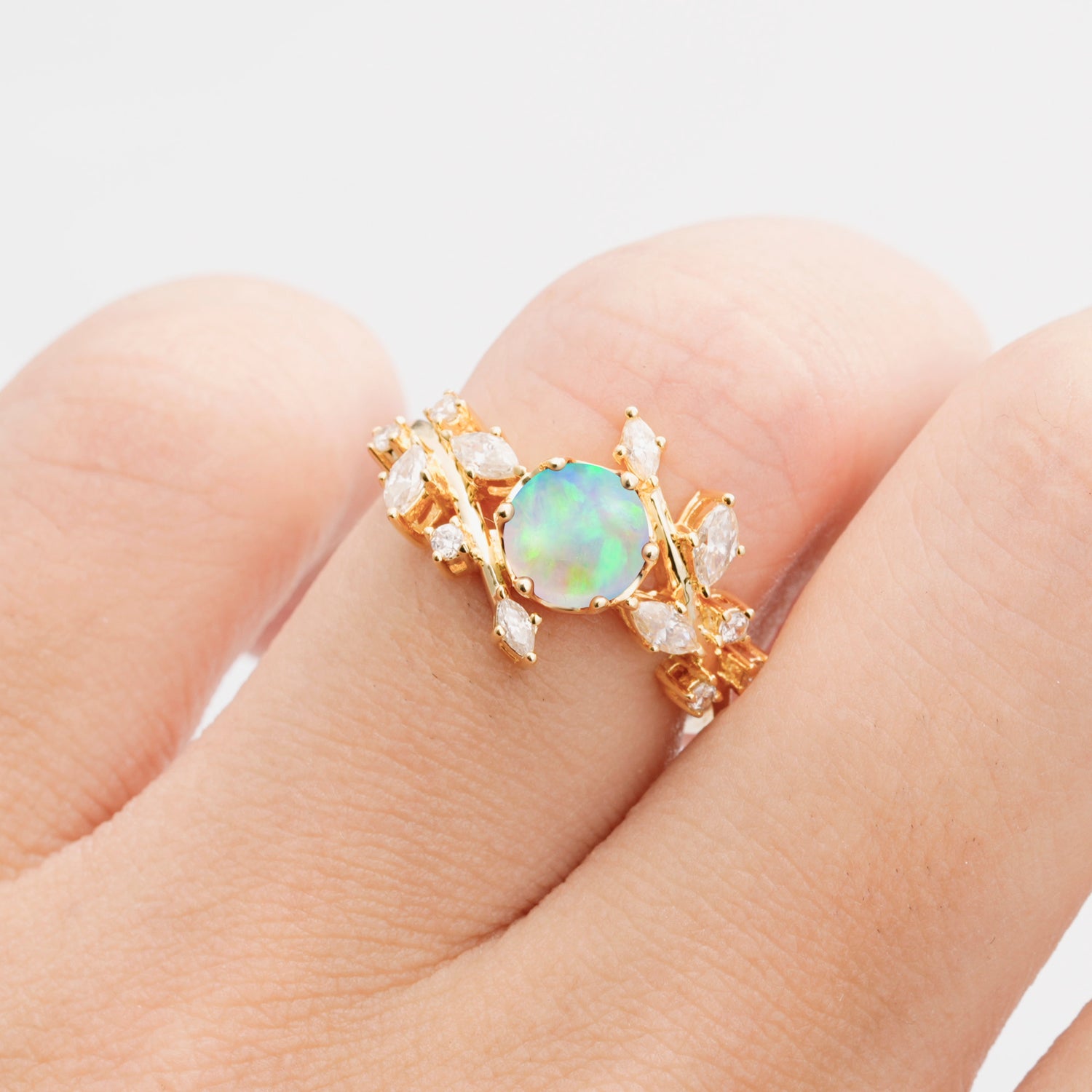 Nature Inspired Leaf Opal Engagement Ring Twisted Vine Wedding Band