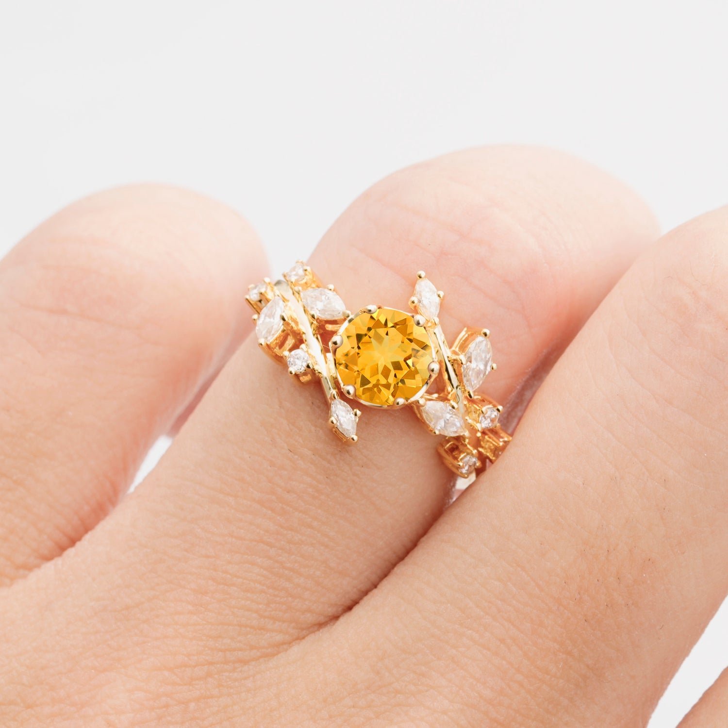 Nature Inspired Leaf Citrine Engagement Ring Twisted Vine Wedding Band