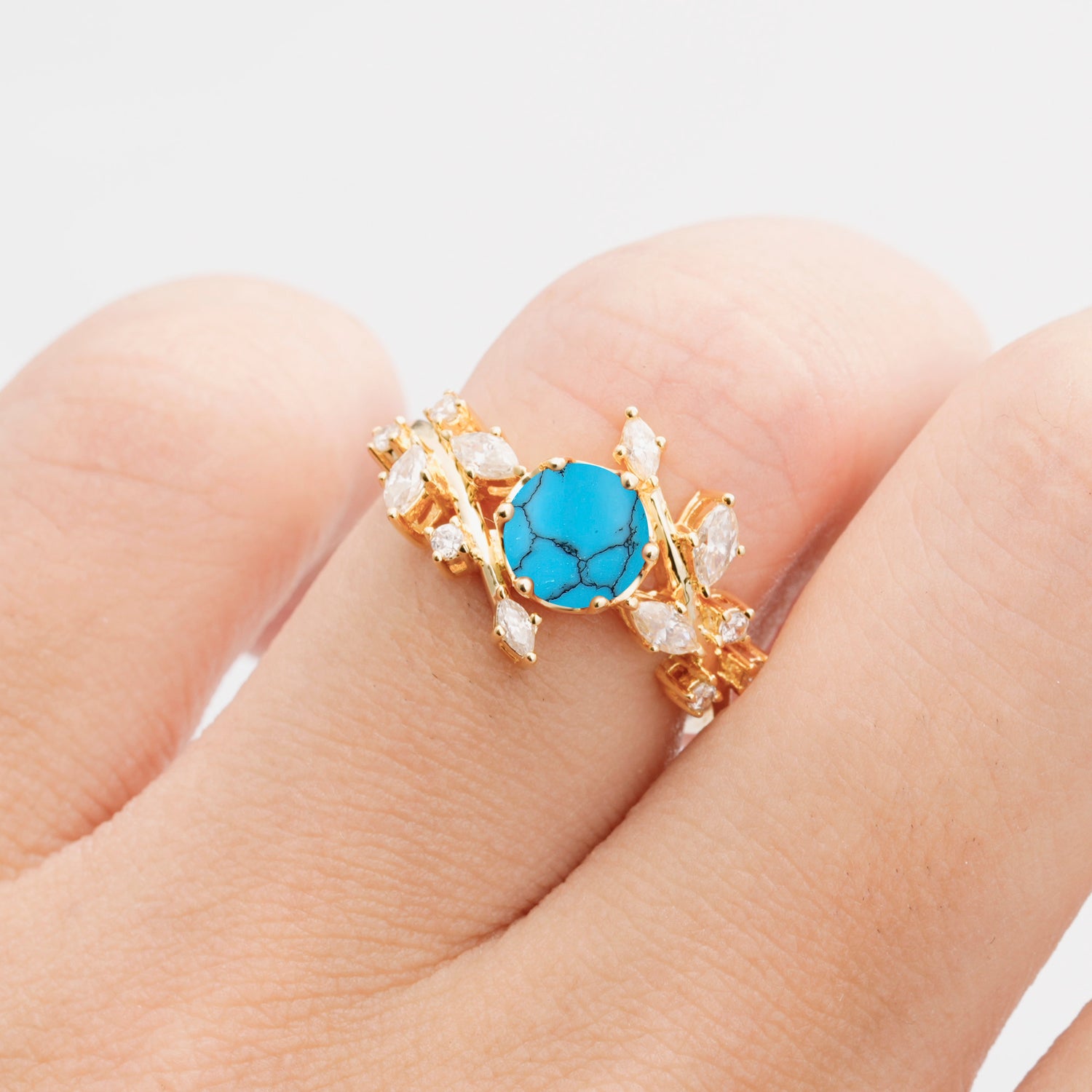 Nature Inspired Leaf Turquoise Engagement Ring Twisted Vine Wedding Band