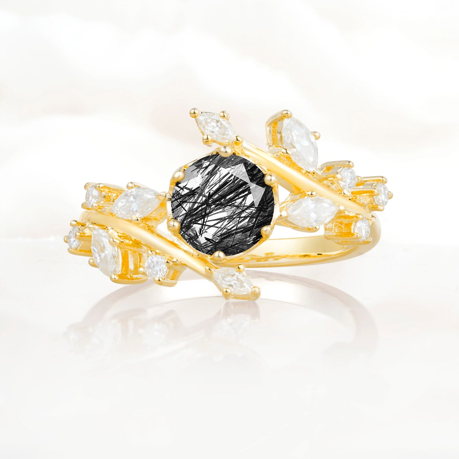 Nature Inspired Leaf Black Rutilated Quartz Engagement Ring Twisted Vine Wedding Band