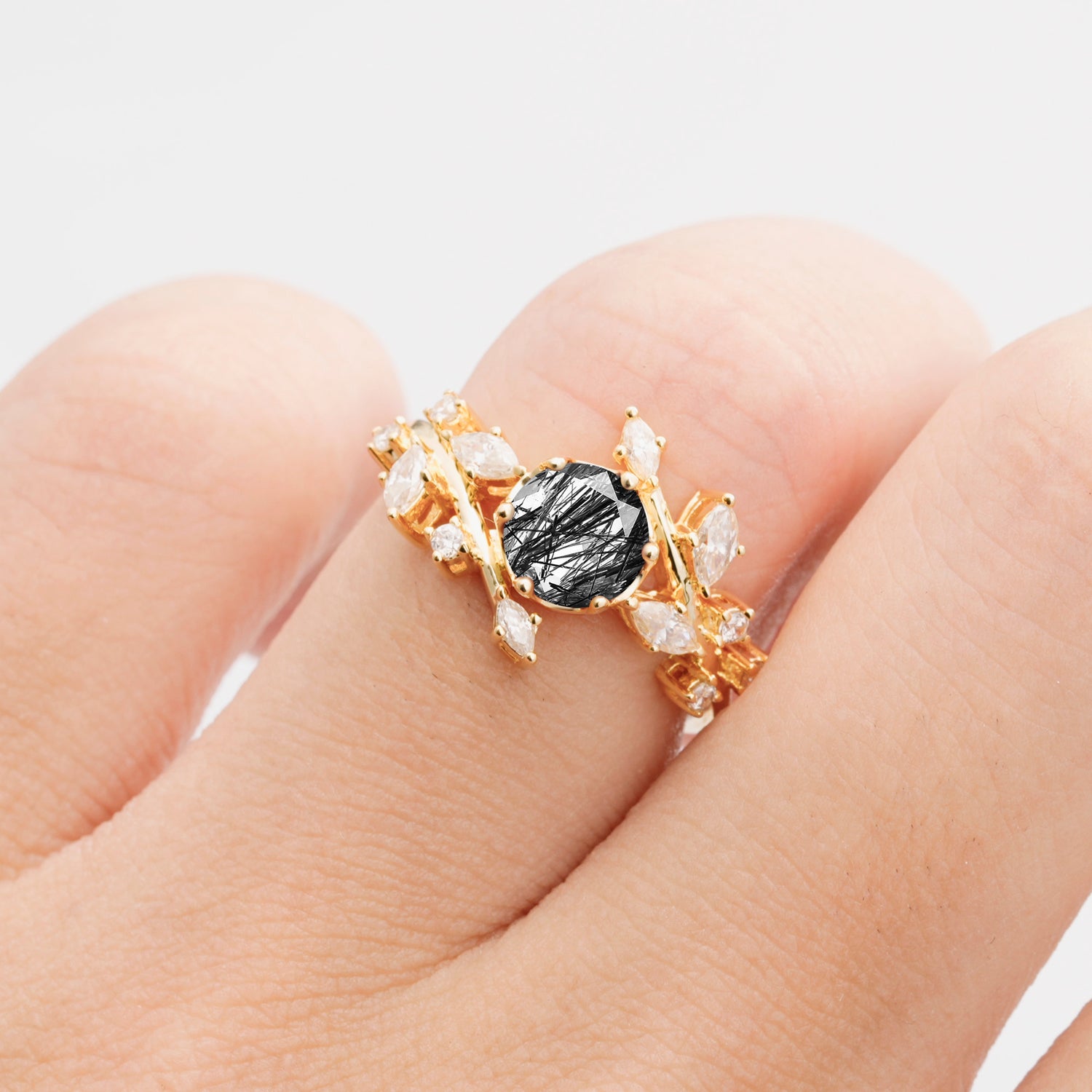 Nature Inspired Leaf Black Rutilated Quartz Engagement Ring Twisted Vine Wedding Band