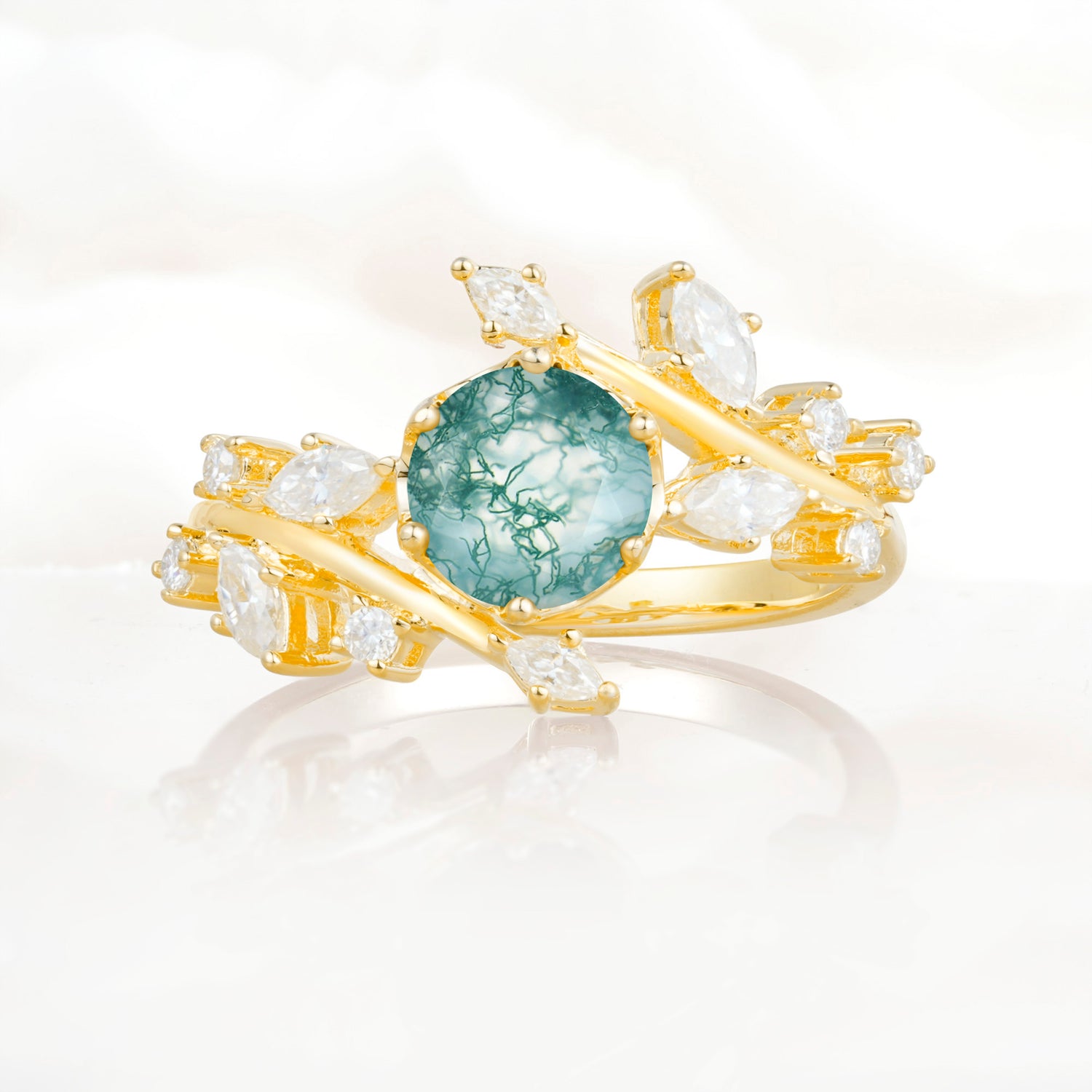 Nature Inspired Leaf Moss Agate Engagement Ring Twisted Vine Wedding Band