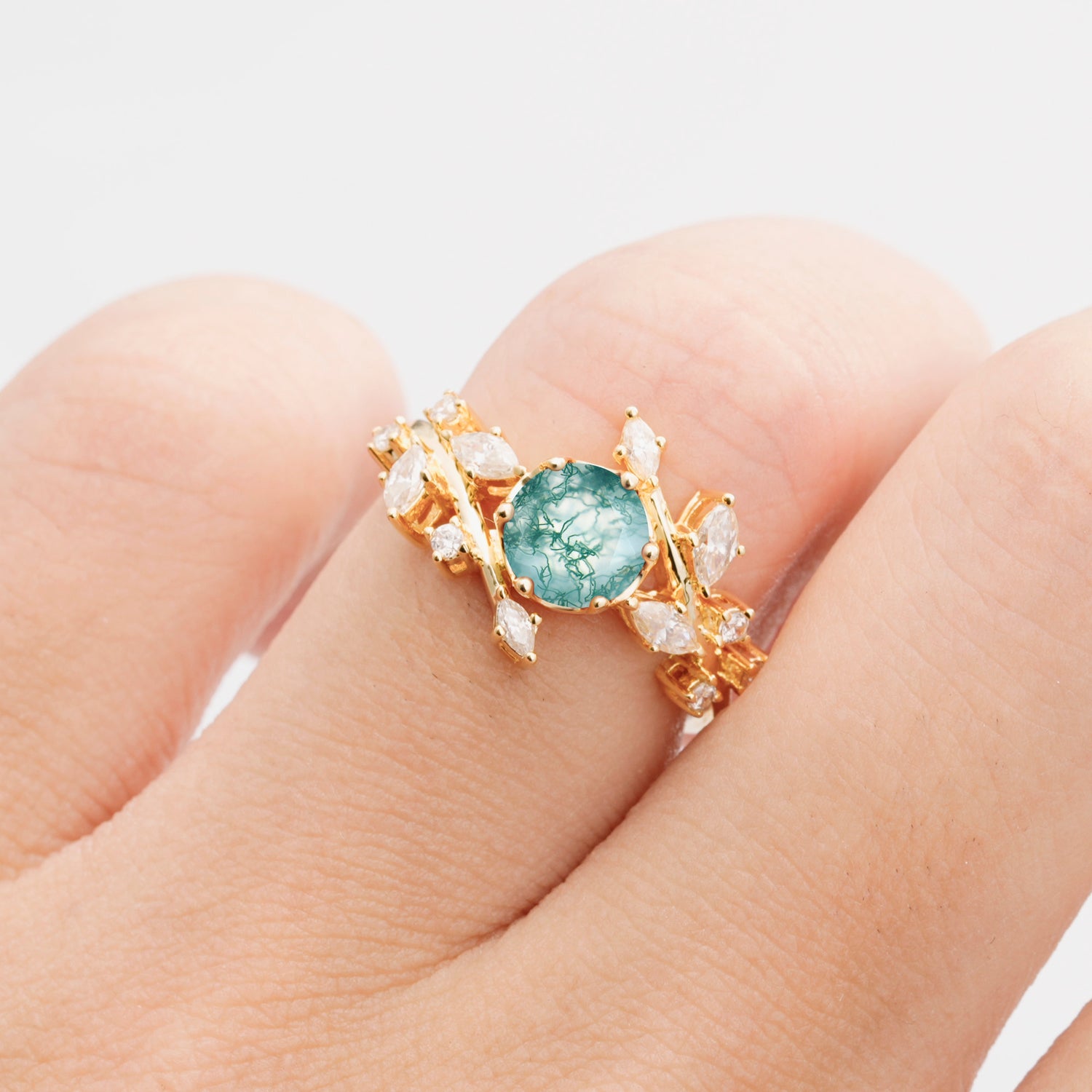 Nature Inspired Leaf Moss Agate Engagement Ring Twisted Vine Wedding Band