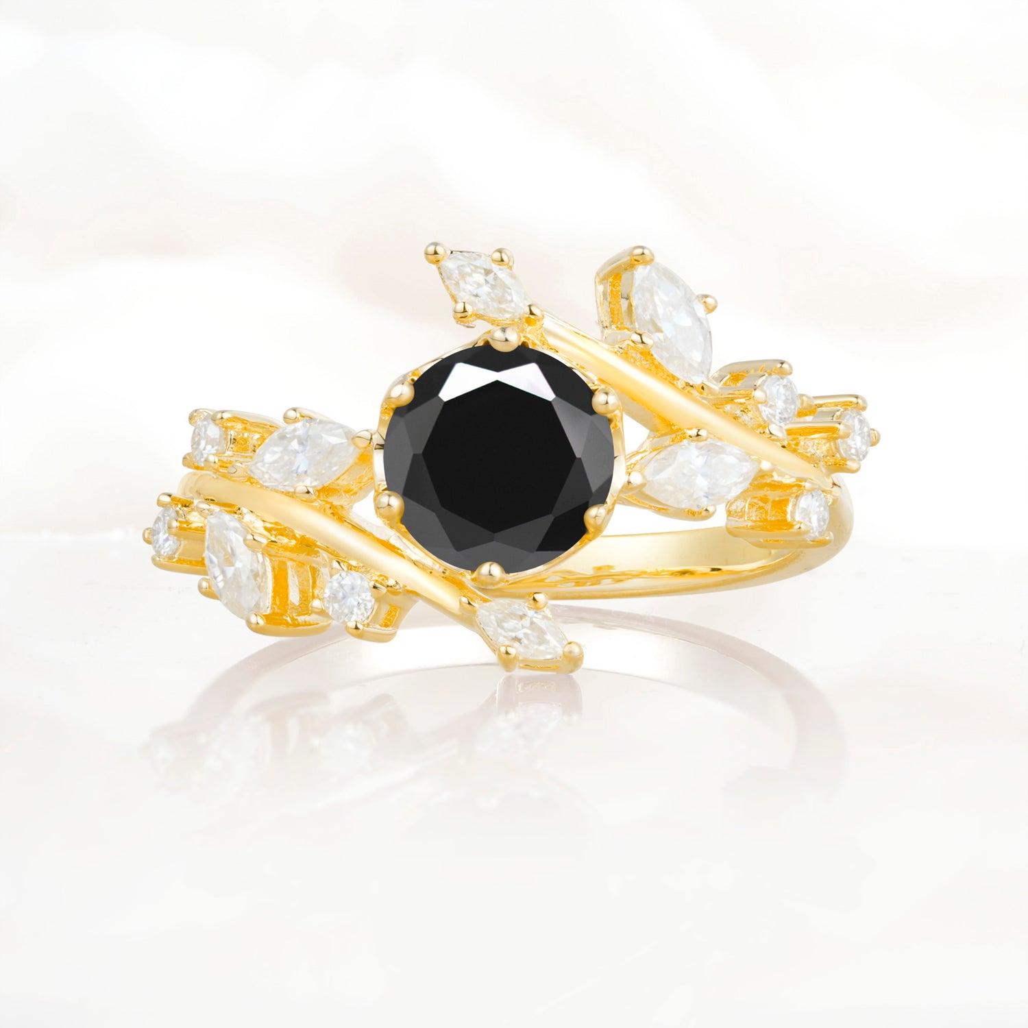 Nature Inspired Leaf Black Onyx Engagement Ring Twisted Vine Wedding Band