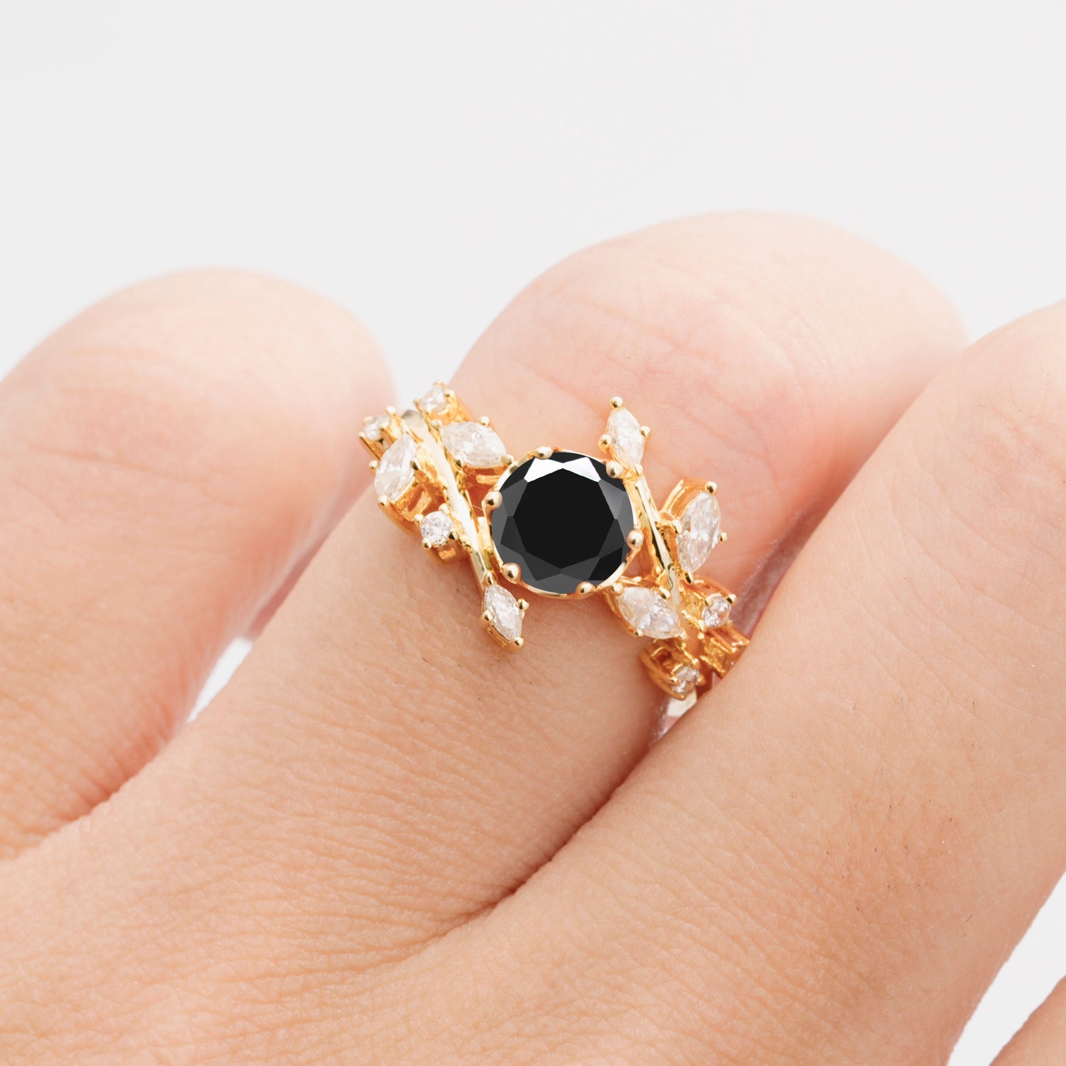 Nature Inspired Leaf Black Onyx Engagement Ring Twisted Vine Wedding Band