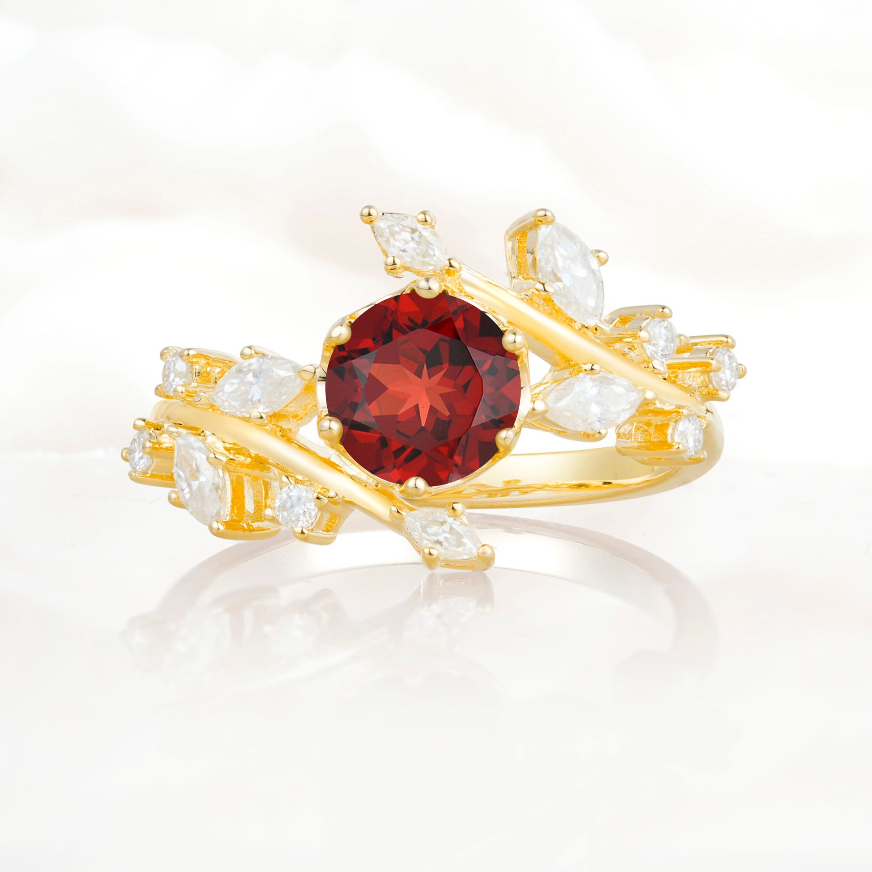Nature Inspired Leaf Garnet Engagement Ring Twisted Vine Wedding Band