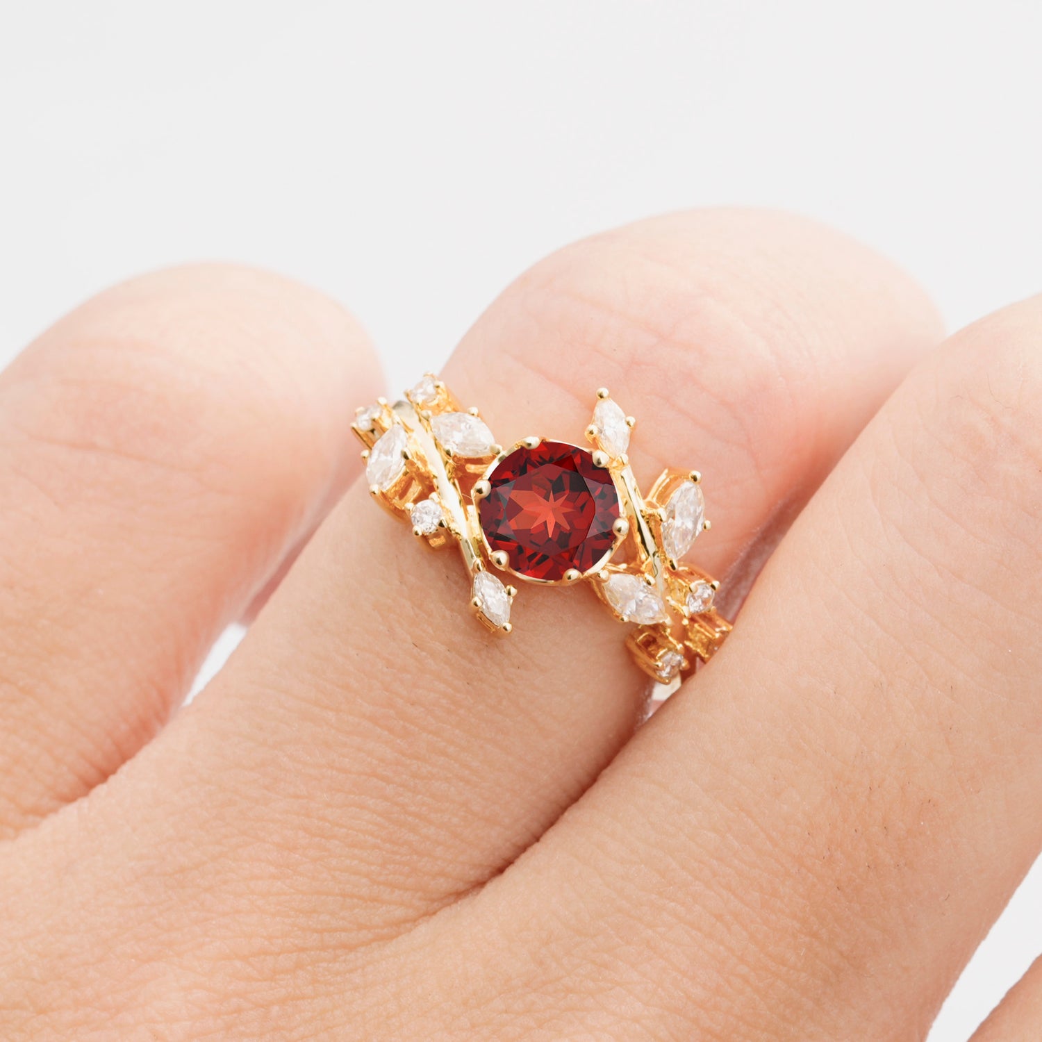 Nature Inspired Leaf Garnet Engagement Ring Twisted Vine Wedding Band