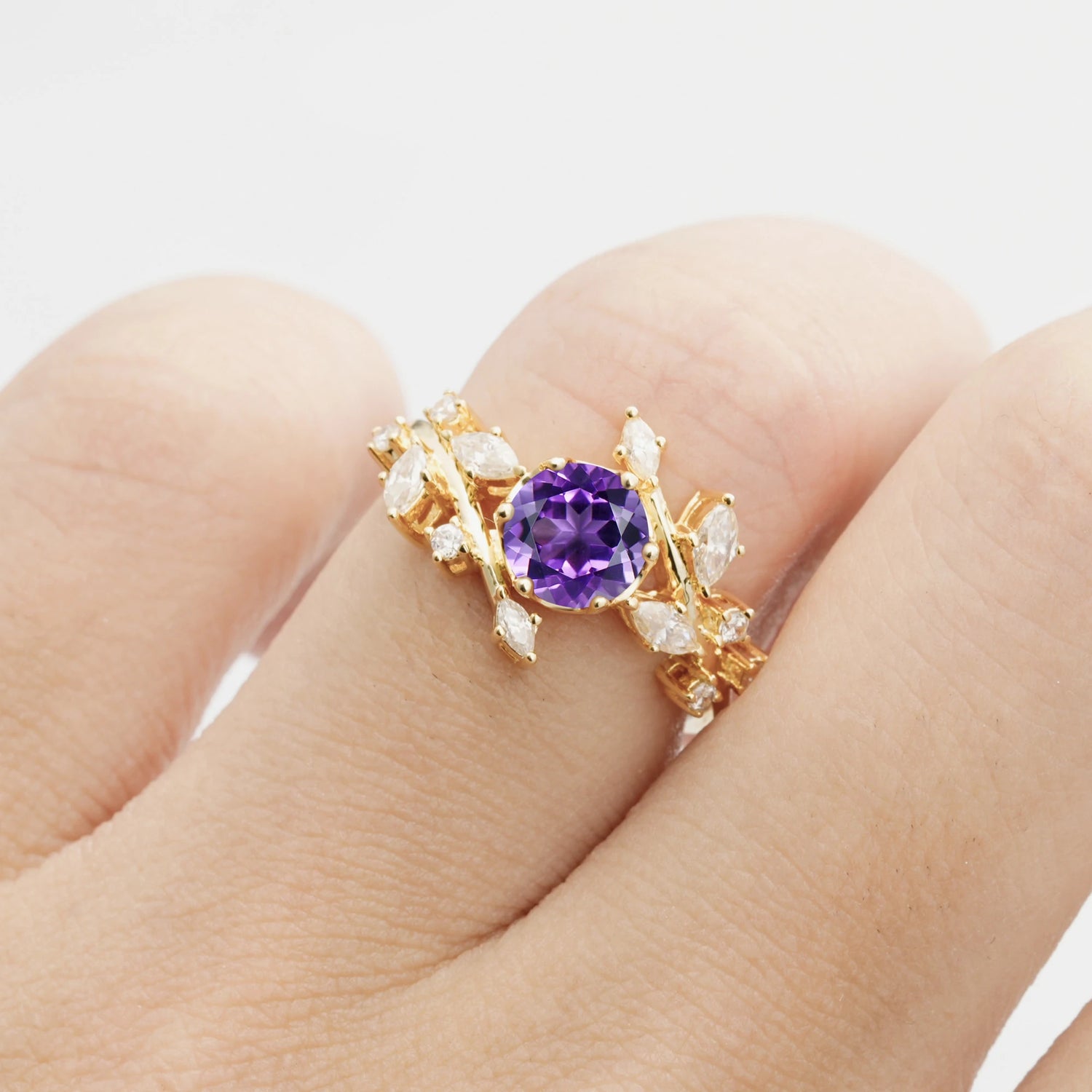 Nature Inspired Leaf Amethyst Engagement Ring Twisted Vine Wedding Band