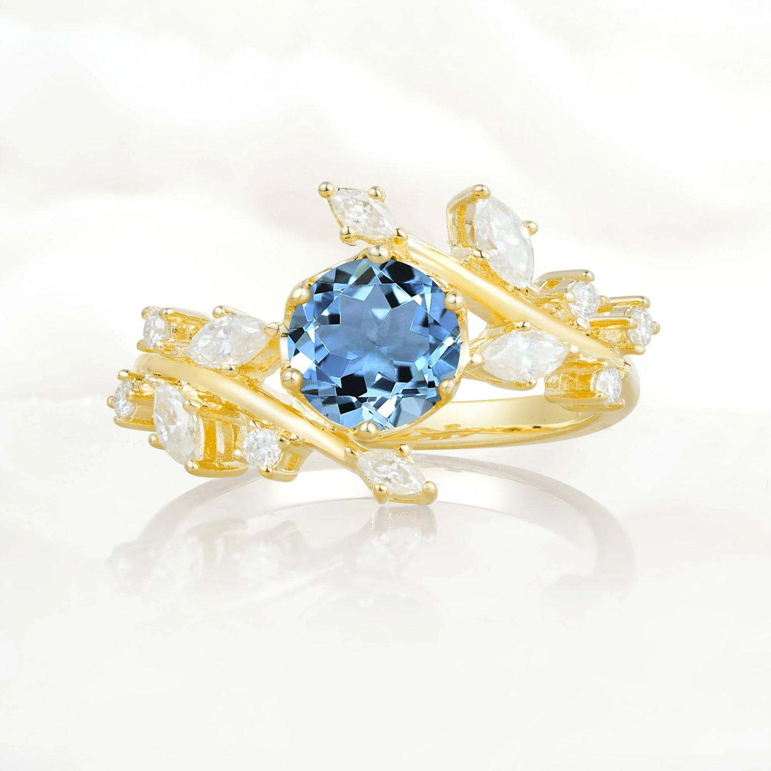 Nature Inspired Leaf Aquamarine Engagement Ring Twisted Vine Wedding Band