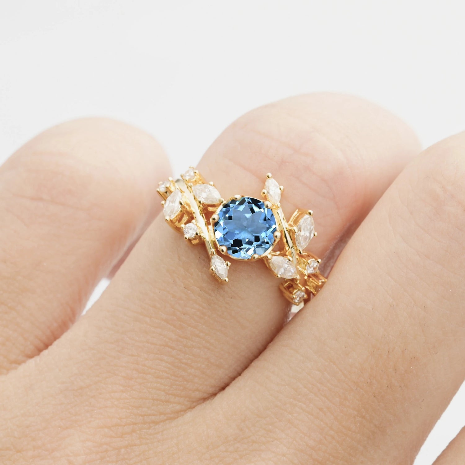 Nature Inspired Leaf Aquamarine Engagement Ring Twisted Vine Wedding Band