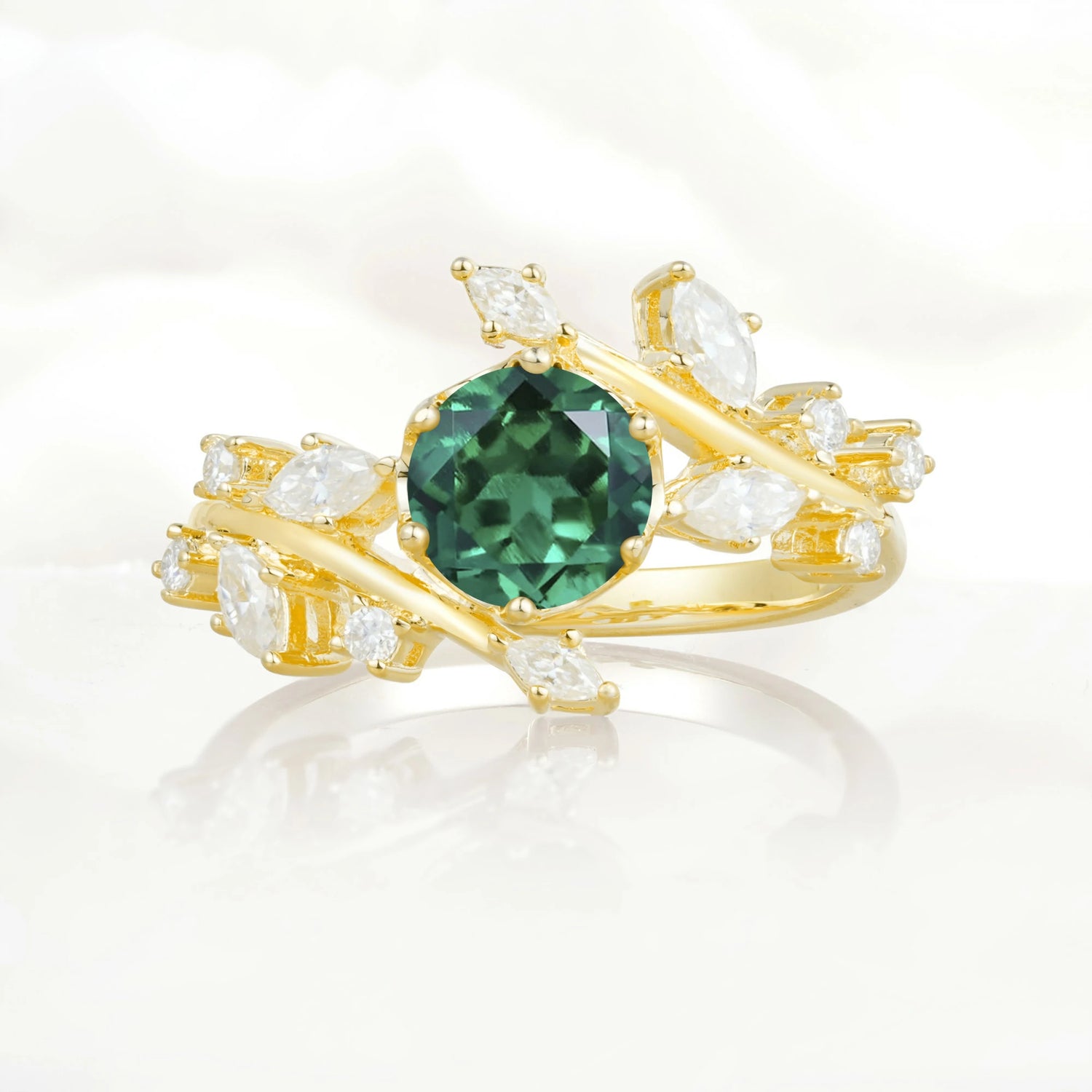 Nature Inspired Leaf Emerald Engagement Ring Twisted Vine Wedding Band