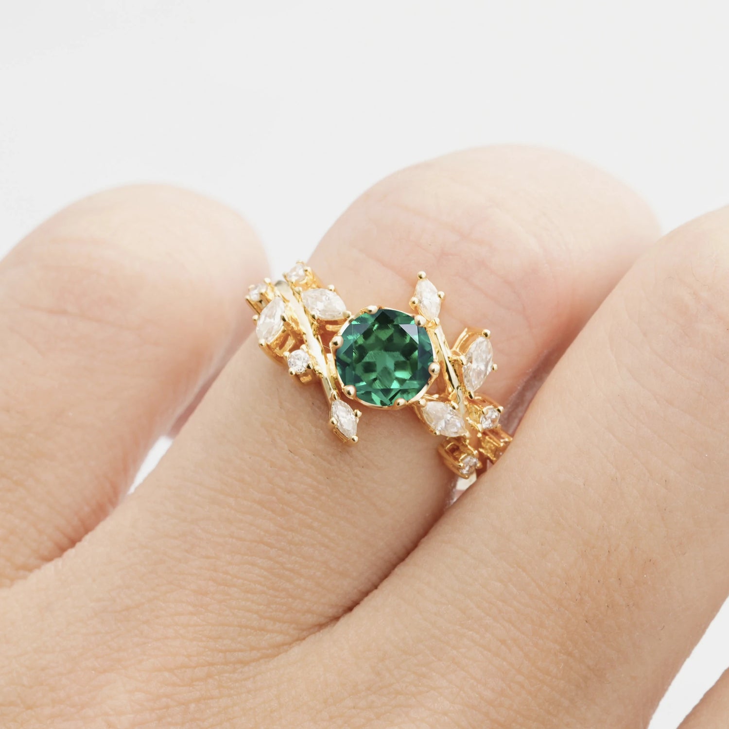 Nature Inspired Leaf Emerald Engagement Ring Twisted Vine Wedding Band