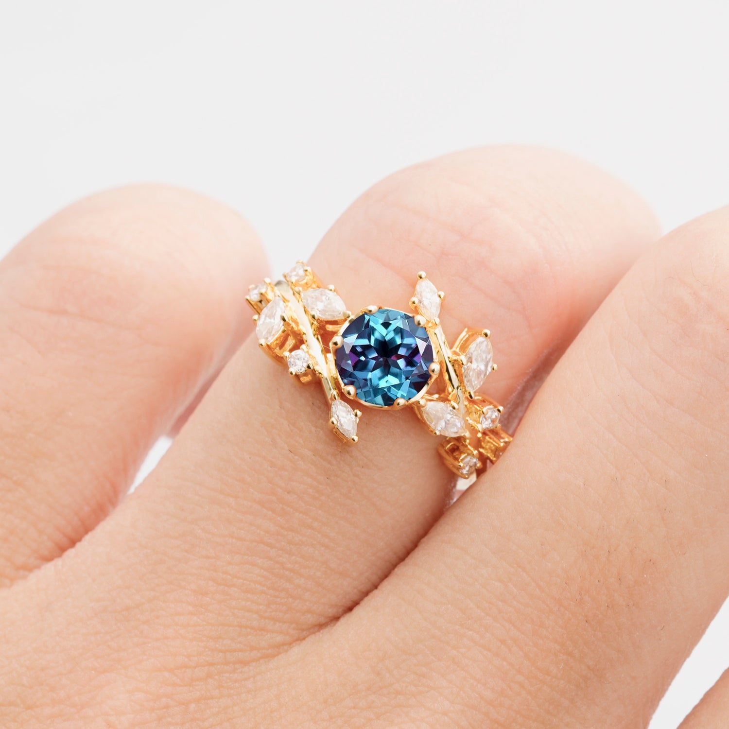 Nature Inspired Leaf Alexandrite Engagement Ring Twisted Vine Wedding Band