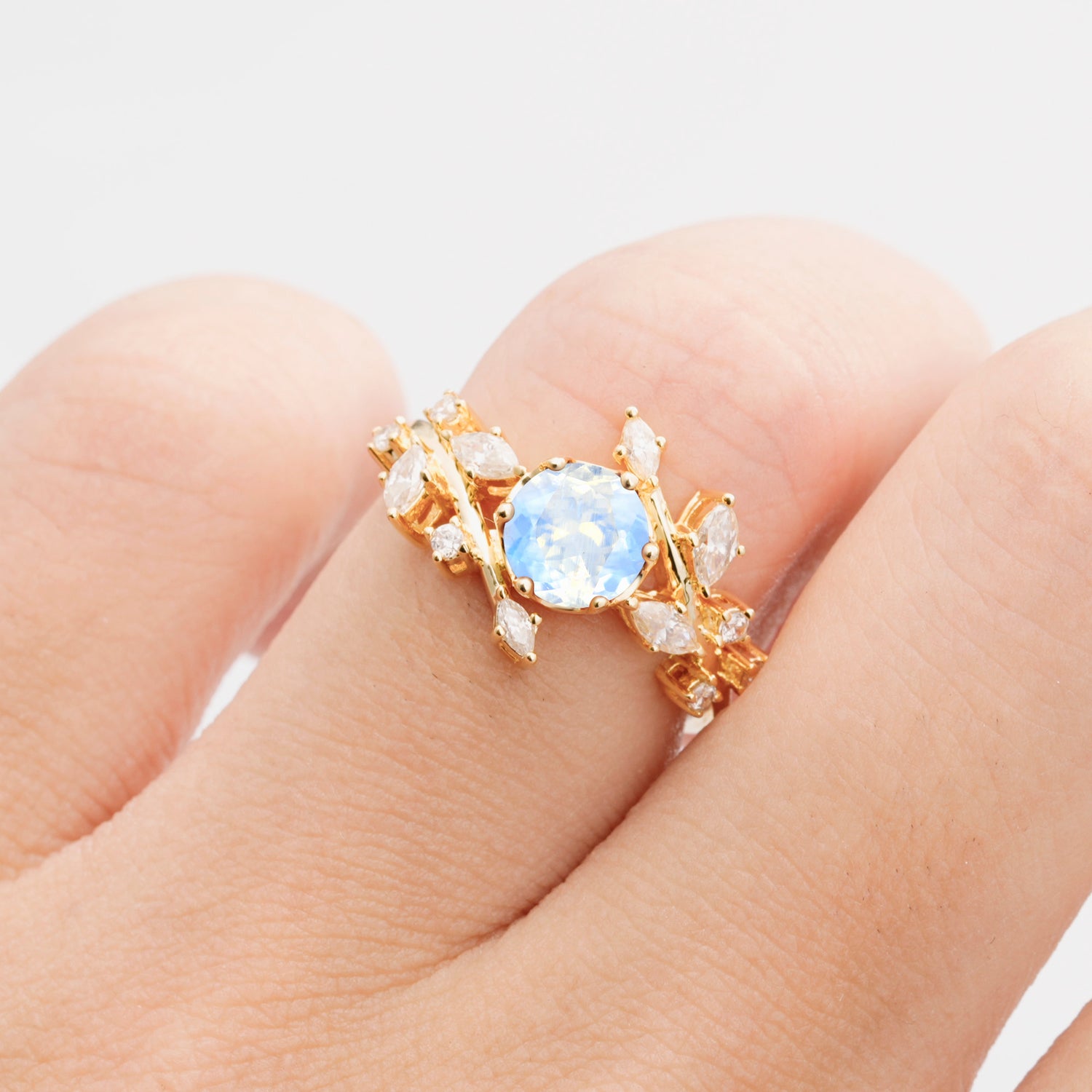 Nature Inspired Leaf Moonstone Engagement Ring Twisted Vine Wedding Band