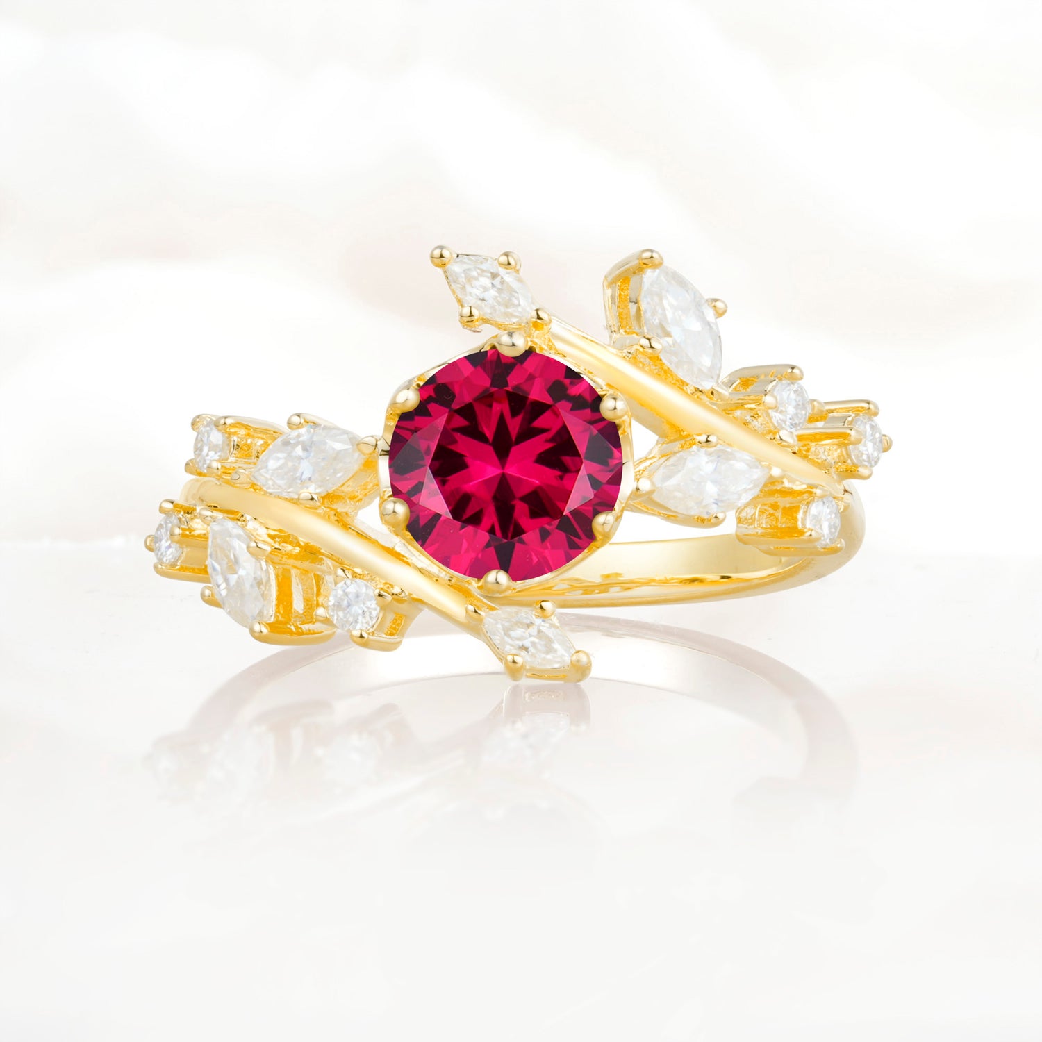 Nature Inspired Leaf Ruby Engagement Ring Twisted Vine Wedding Band