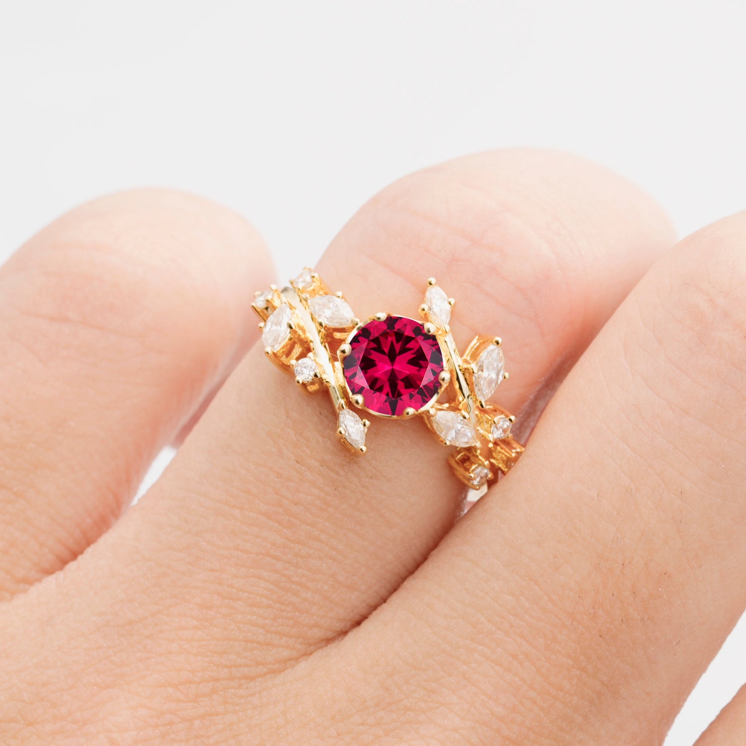 Nature Inspired Leaf Ruby Engagement Ring Twisted Vine Wedding Band