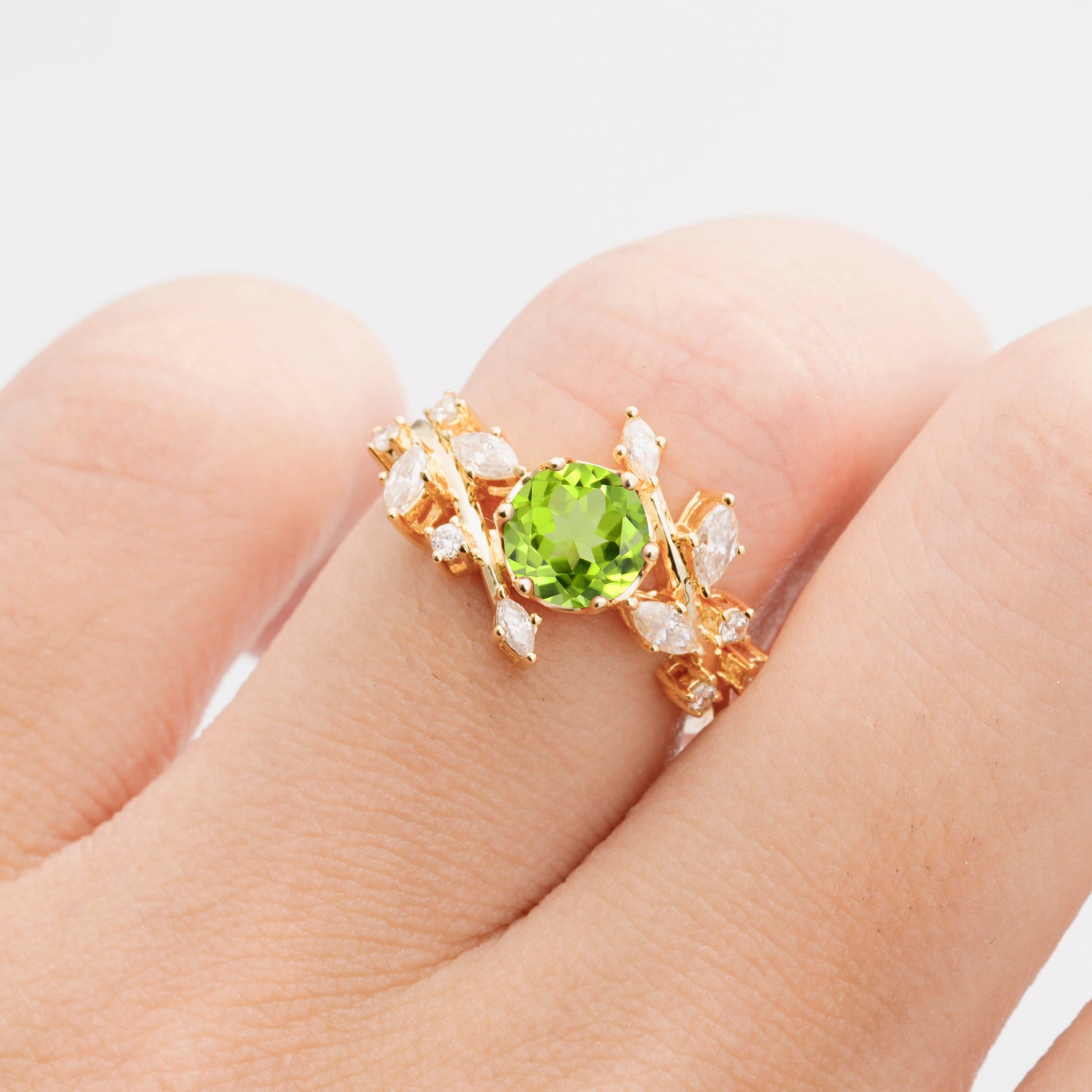 Nature Inspired Leaf Peridot Engagement Ring Twisted Vine Wedding Band