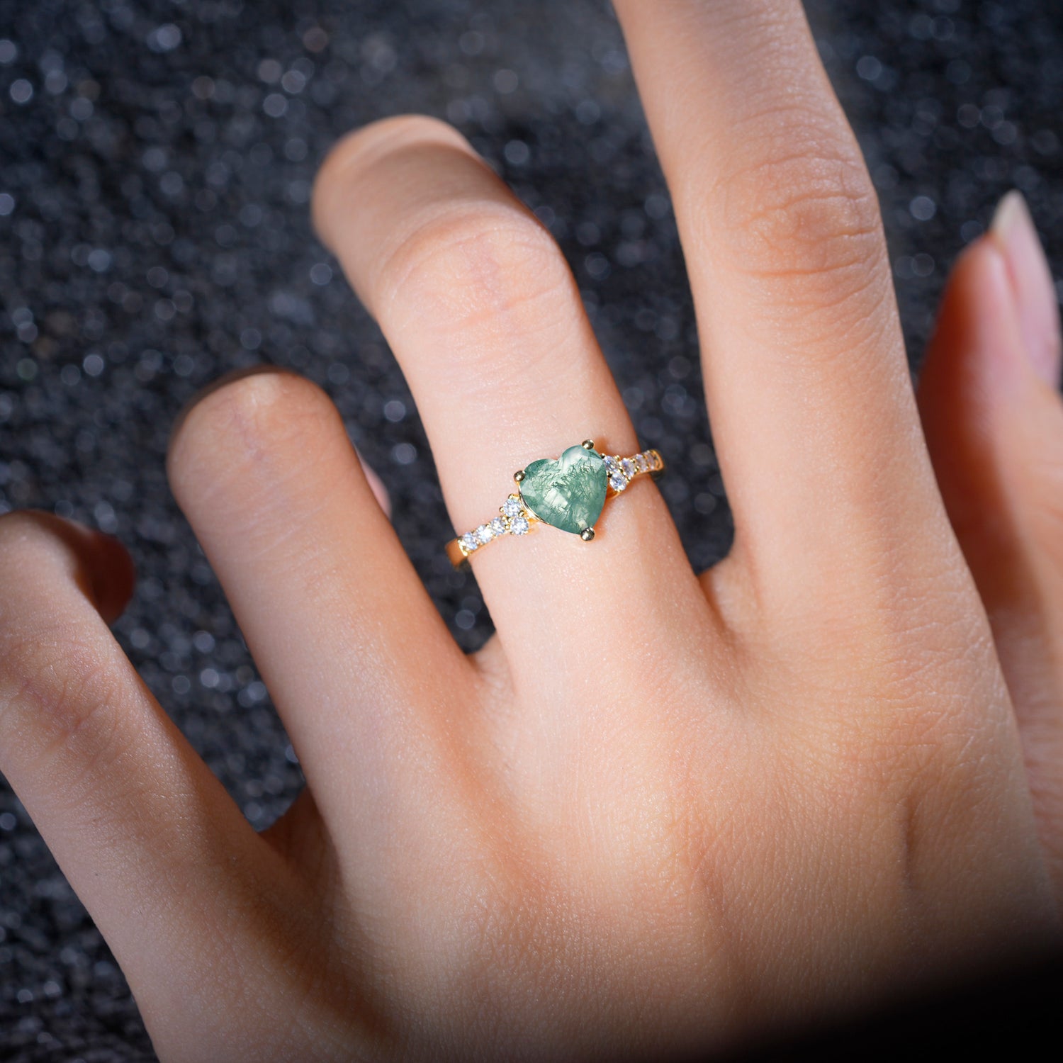 Romantic Heart Cut  Moss Agate Engagement Ring