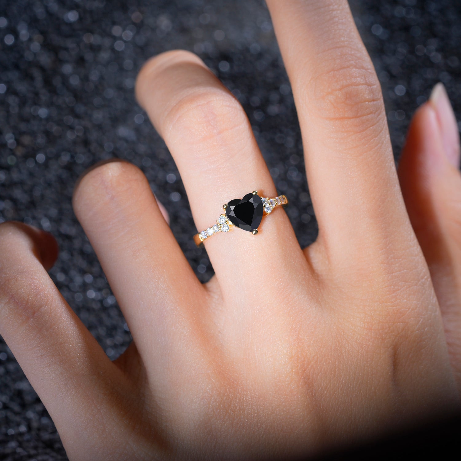Romantic Heart Cut Black Onyx Engagement Ring