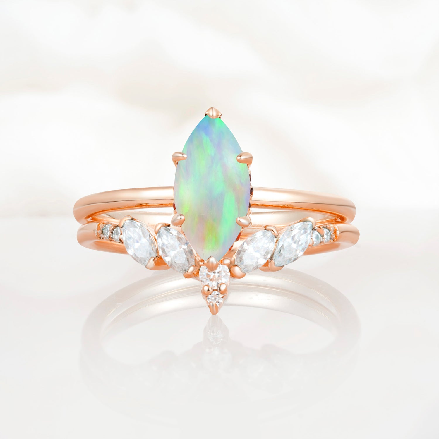 Art Deco 6 Prong Marquise Cut Opal Ring Set
