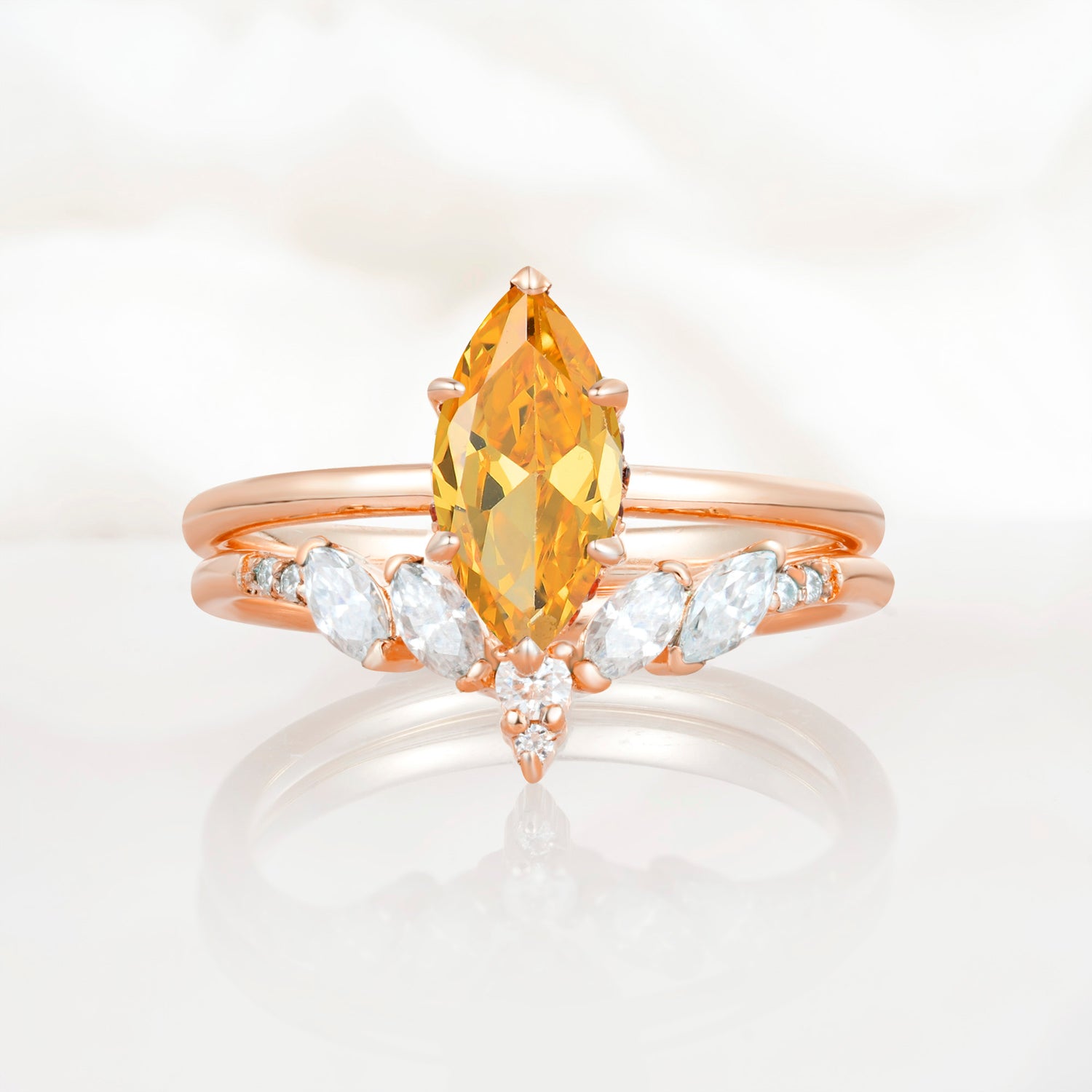 Art Deco 6 Prong Marquise Cut Citrine Ring Set