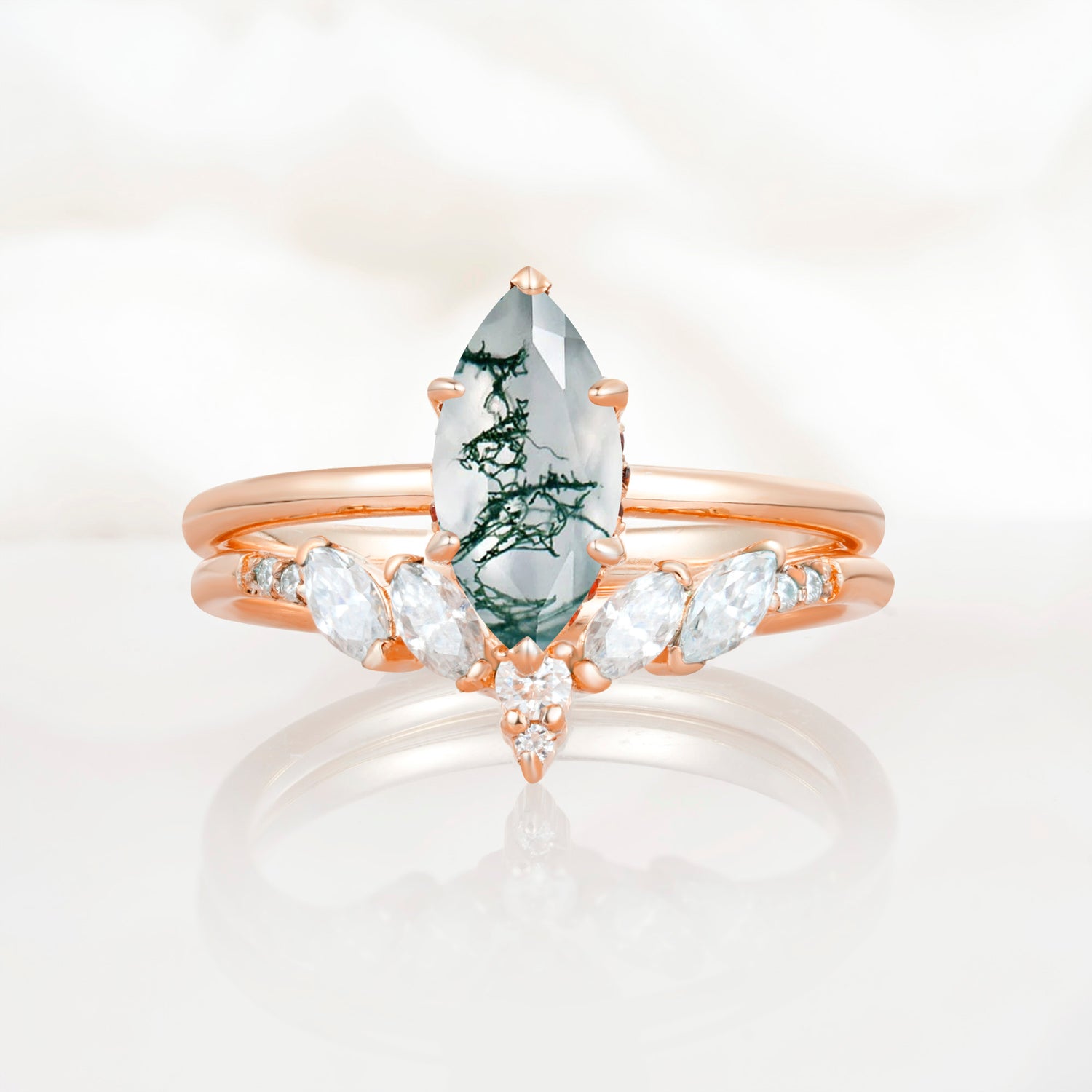 Art Deco 6 Prong Marquise Cut Moss Agate Ring Set