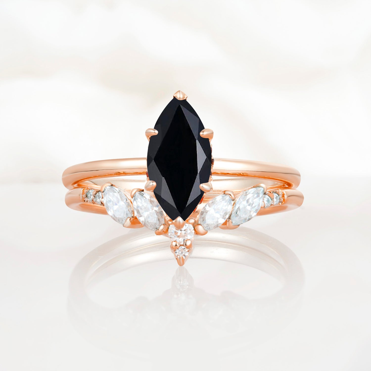 Art Deco 6 Prong Marquise Cut Black Onyx Ring Set