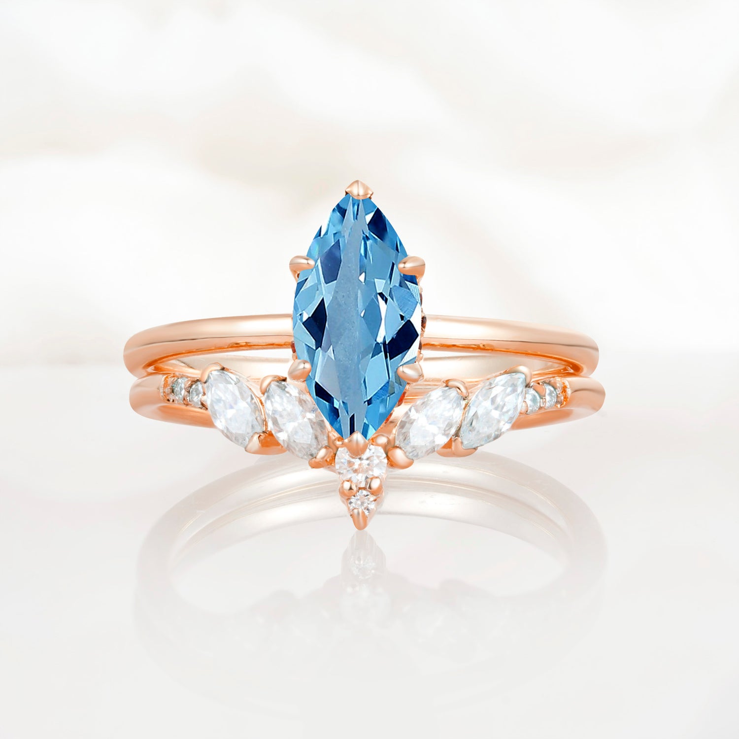 Art Deco 6 Prong Marquise Cut Aquamarine Ring Set