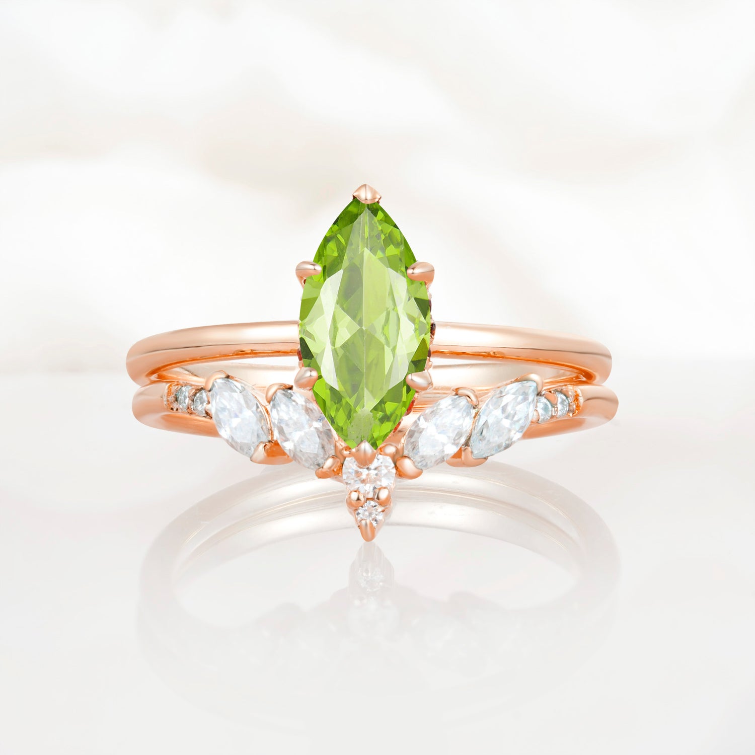 Art Deco 6 Prong Marquise Cut Peridot Ring Set