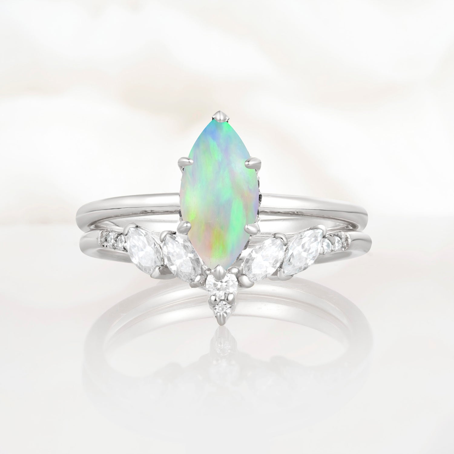 Art Deco 6 Prong Marquise Cut Opal Ring Set