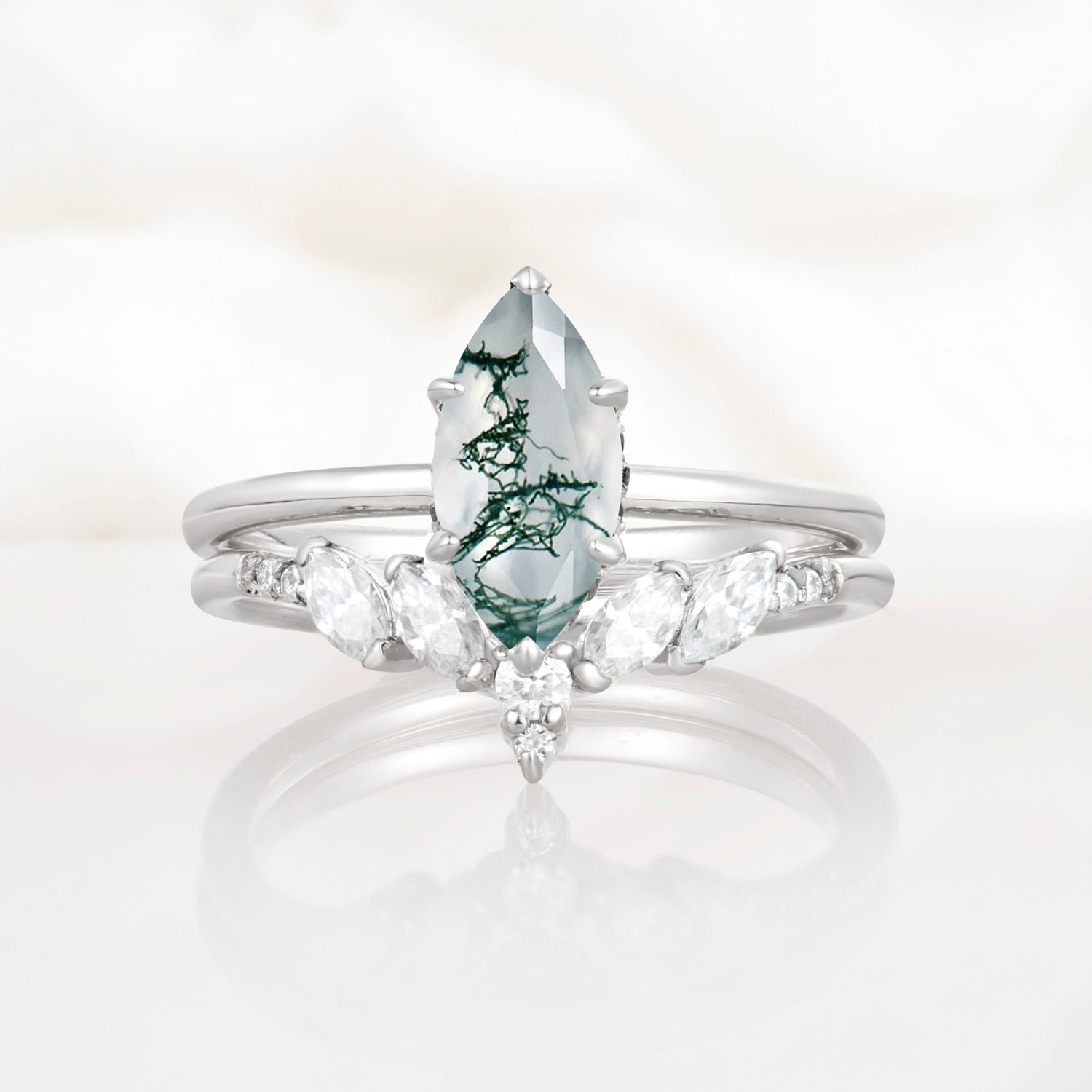 Art Deco 6 Prong Marquise Cut Moss Agate Ring Set