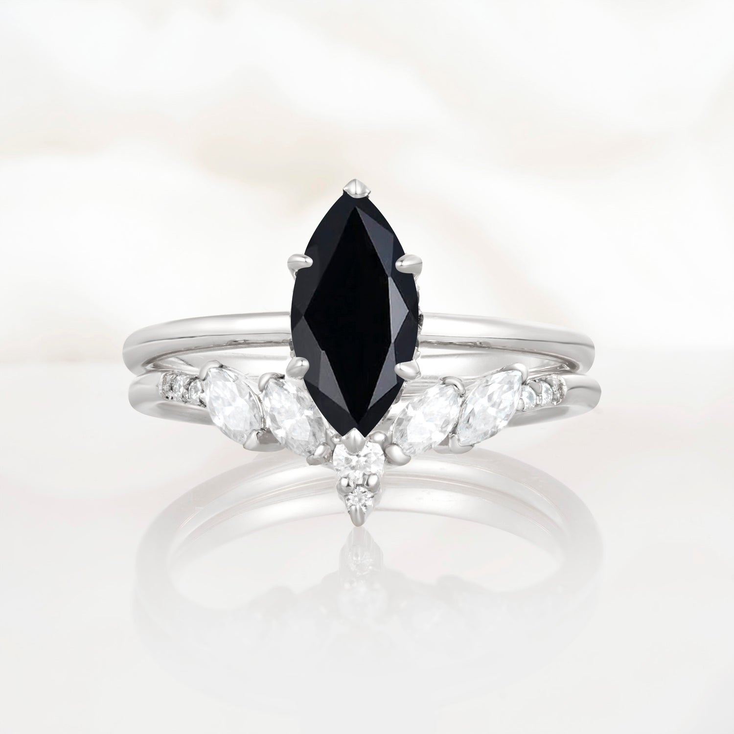 Art Deco 6 Prong Marquise Cut Black Onyx Ring Set