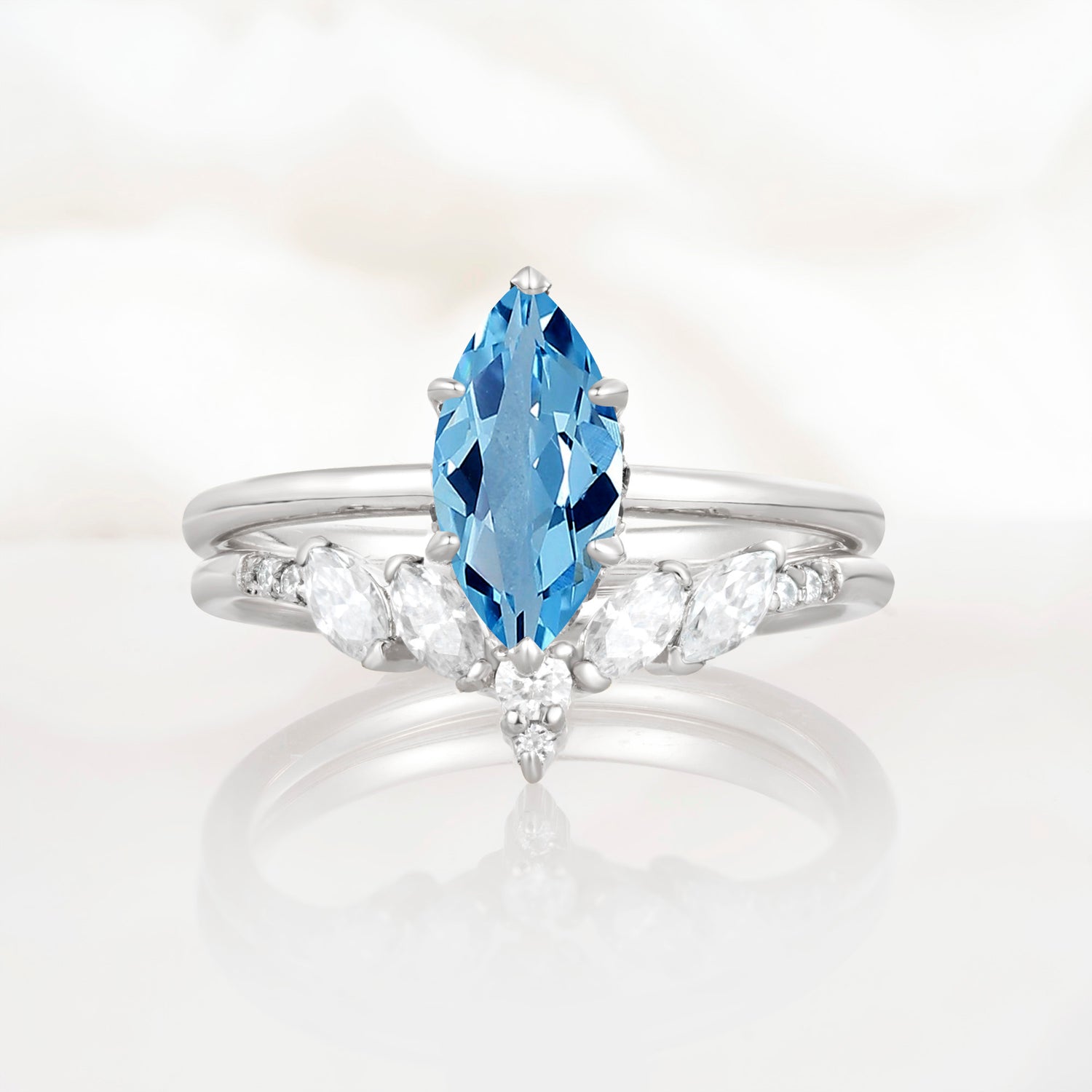 Art Deco 6 Prong Marquise Cut Aquamarine Ring Set