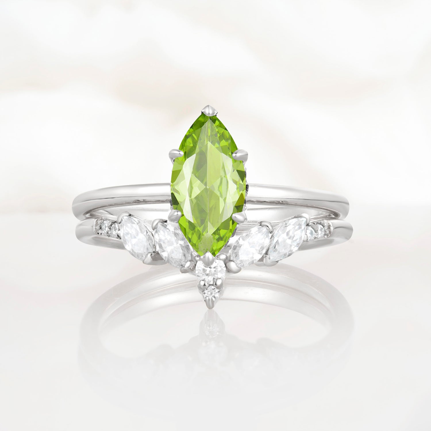 Art Deco 6 Prong Marquise Cut Peridot Ring Set